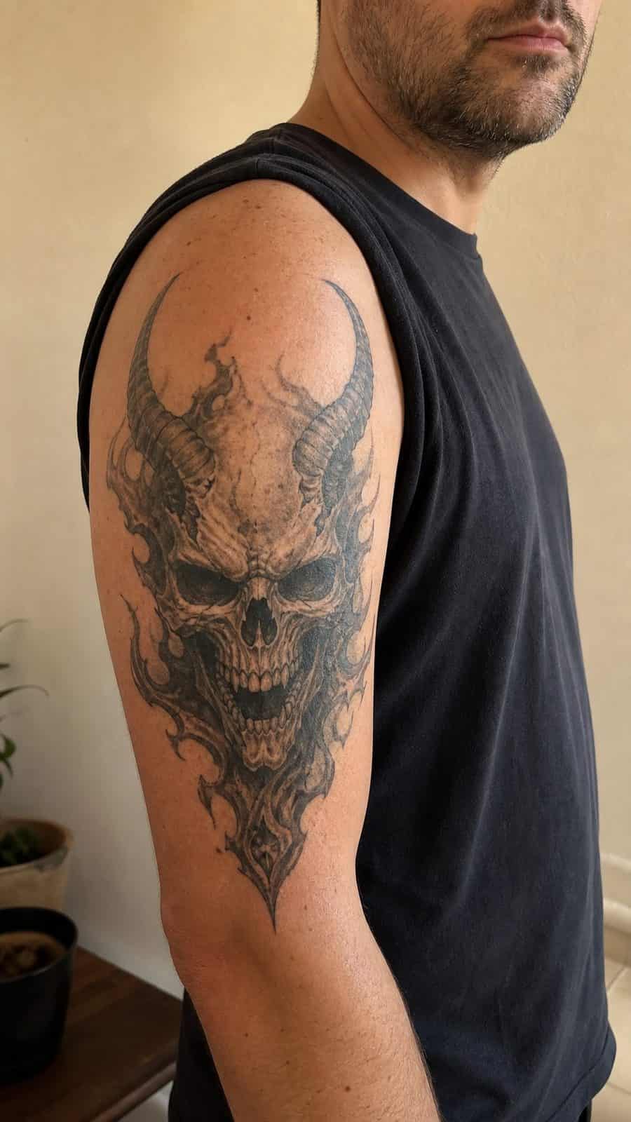 Unleash Your Dark Side: 23 Devilishly Unique Tattoo Ideas for Men 22 Healed demonic skull tattoo on a adult man's outer upper arm, photographed in a natural waist-height candid close-up — study 2