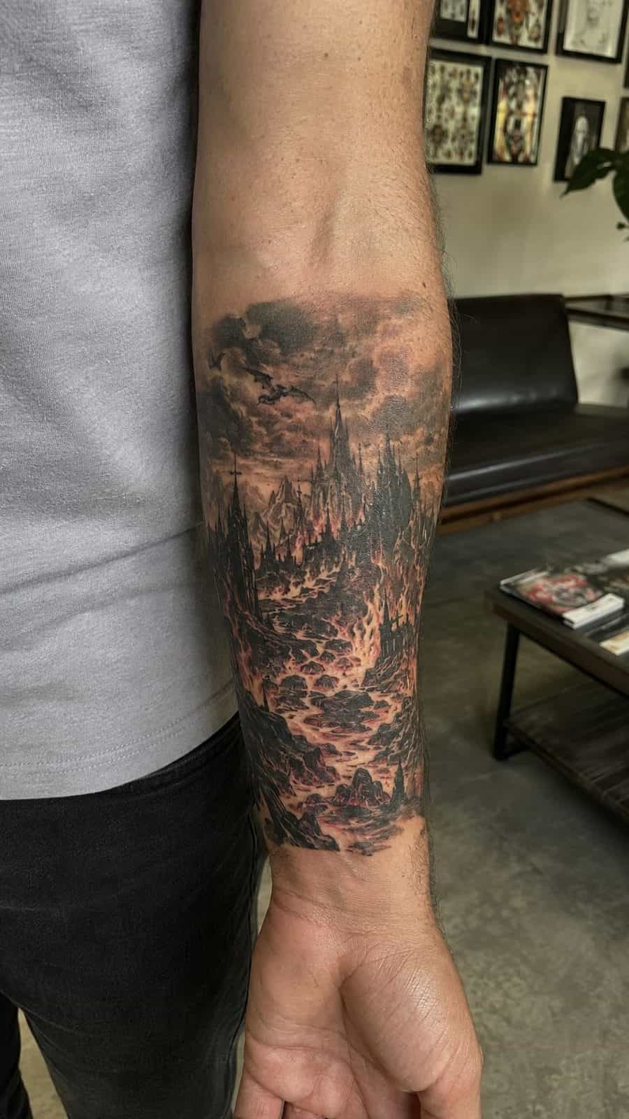 Unleash Your Dark Side: 23 Devilishly Unique Tattoo Ideas for Men 27 Healed inferno landscape tattoo on a adult man's inner forearm, photographed in a natural slightly elevated close view — study 2
