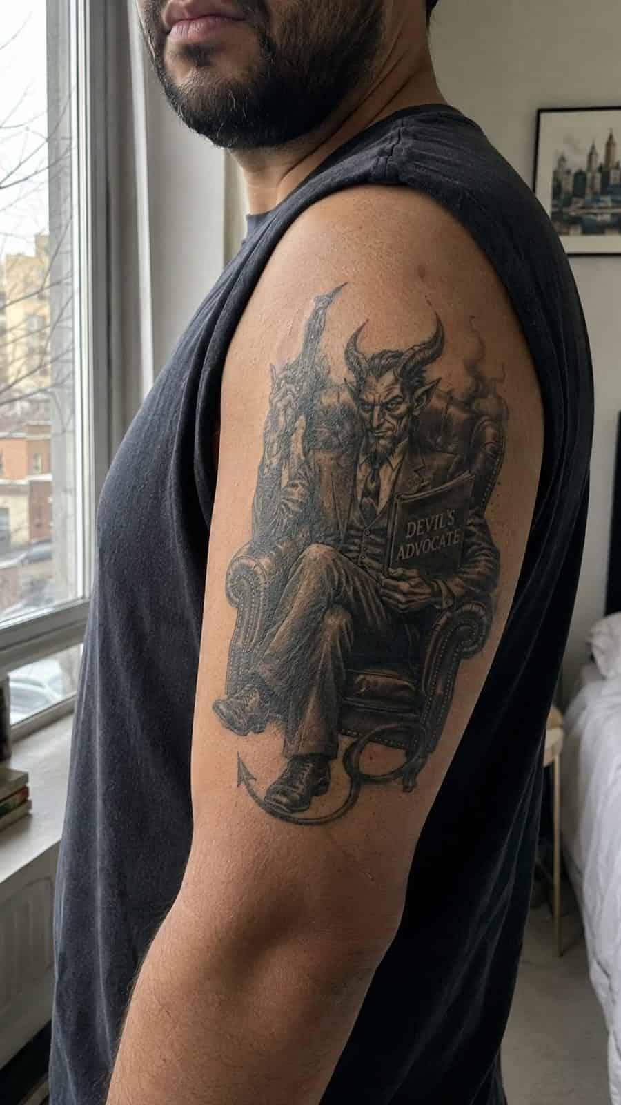 Unleash Your Dark Side: 23 Devilishly Unique Tattoo Ideas for Men 30 Healed devil’s advocate tattoo on a adult man's outer upper arm, photographed in a natural gentle side angle that clearly shows how — study 1