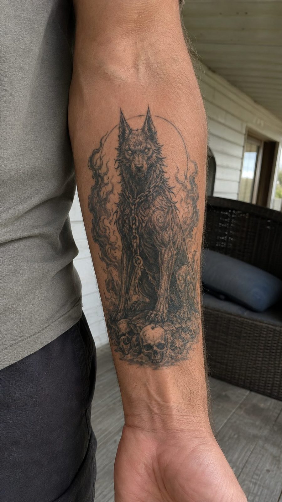 Unleash Your Dark Side: 23 Devilishly Unique Tattoo Ideas for Men 33 Healed hellhound companion tattoo on a adult man's inner forearm, photographed in a natural straight-on close view, a touch off-center — study 2