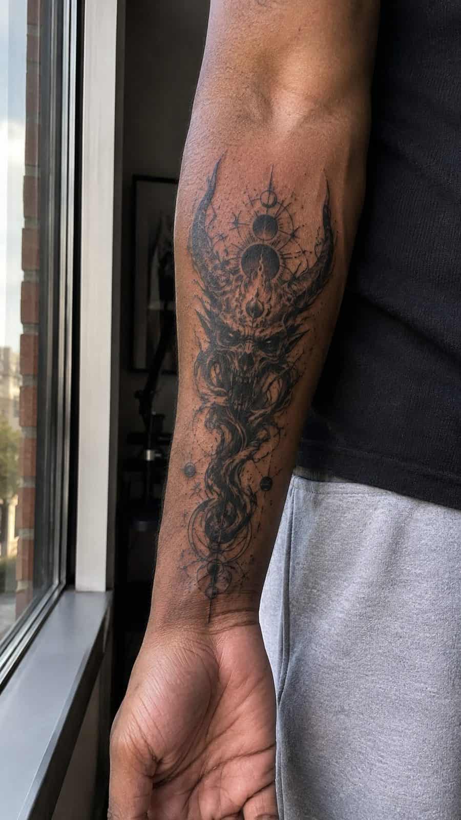 Unleash Your Dark Side: 23 Devilishly Unique Tattoo Ideas for Men 35 Healed cosmic demonic entity tattoo on a adult man's inner forearm, photographed in a natural gentle side angle that clearly shows how — study 2