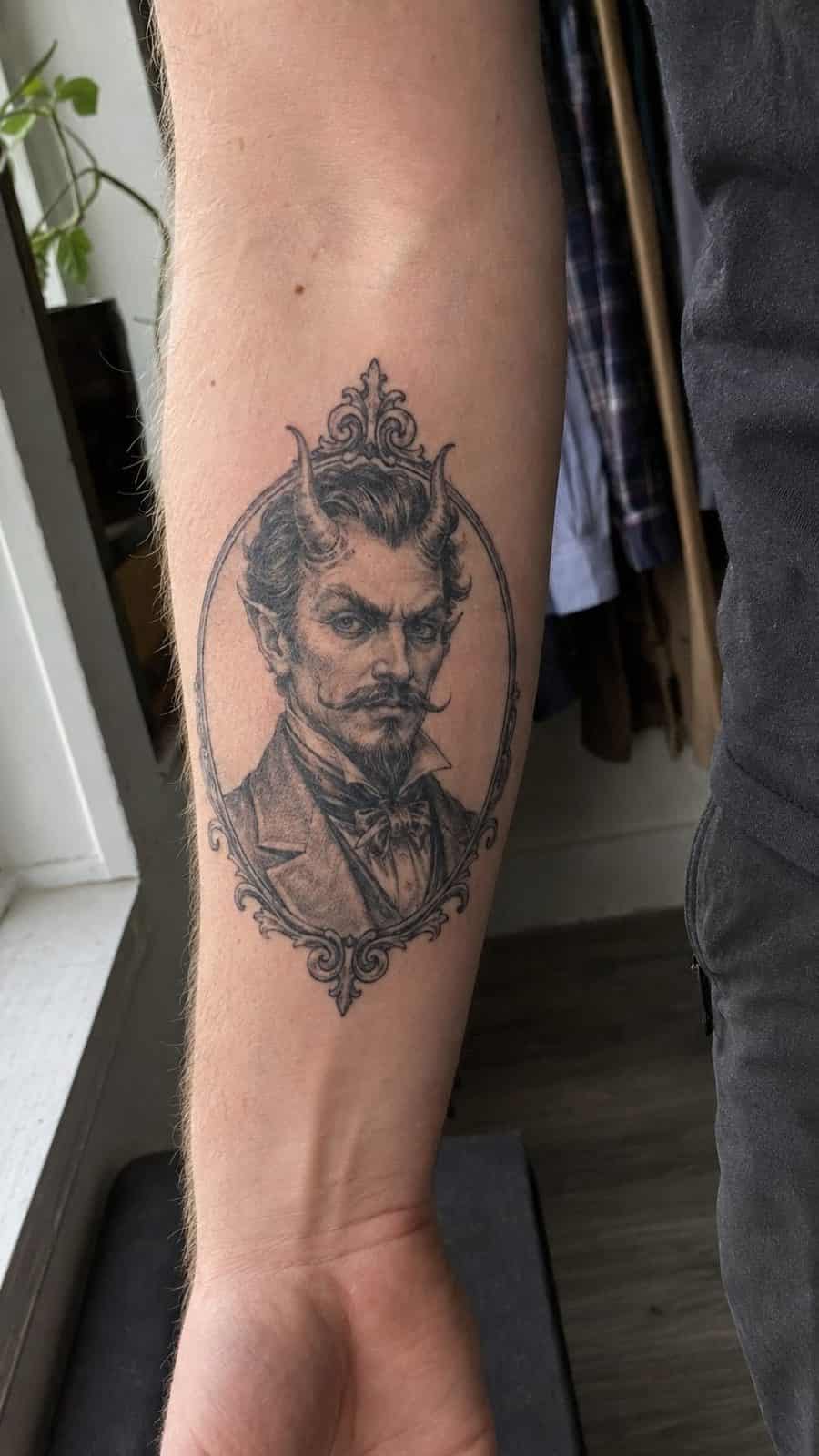 Unleash Your Dark Side: 23 Devilishly Unique Tattoo Ideas for Men 36 Healed victorian devil portrait tattoo on a adult man's inner forearm, photographed in a natural waist-height candid close-up — study 1