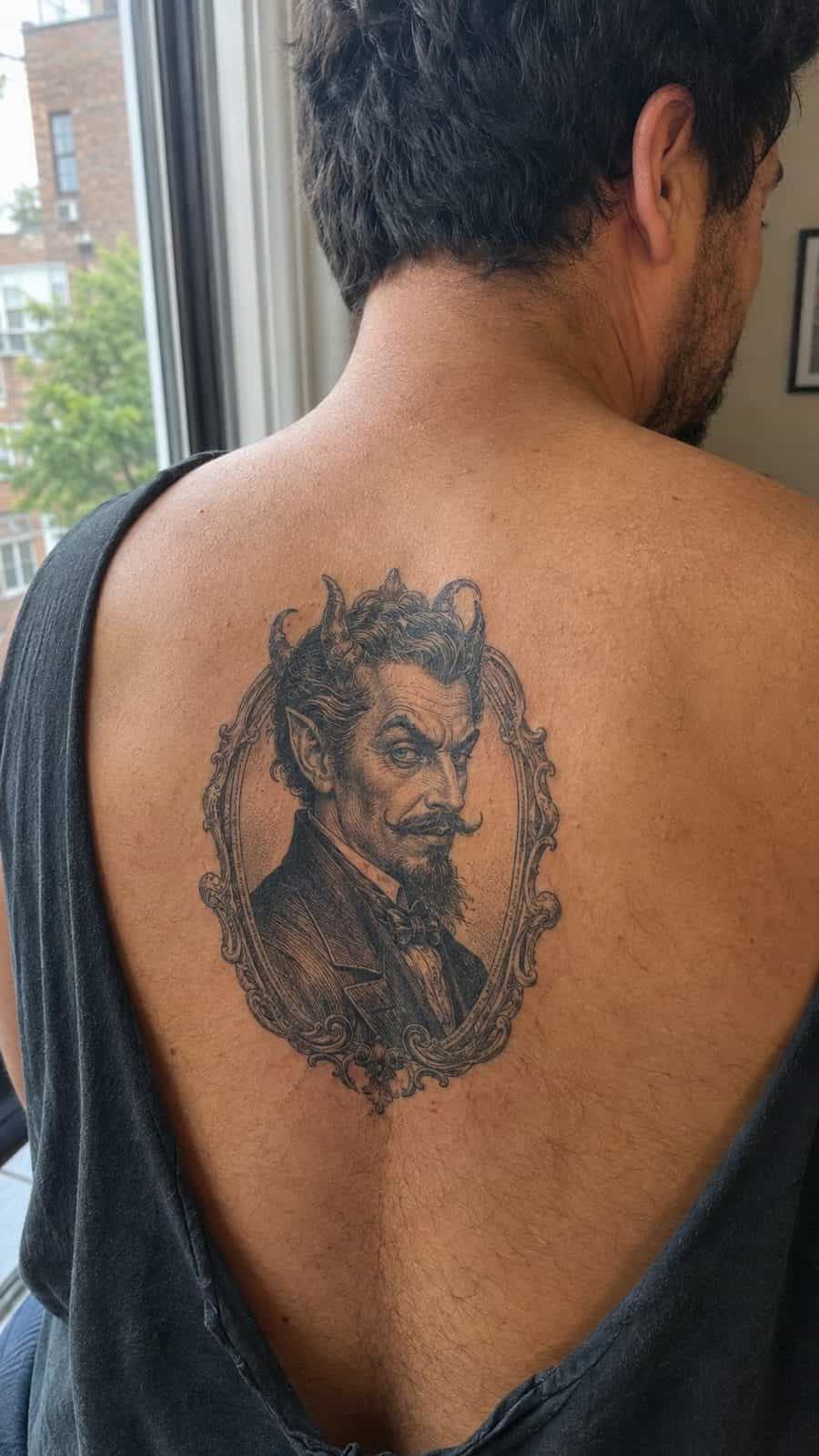 Unleash Your Dark Side: 23 Devilishly Unique Tattoo Ideas for Men 37 Healed victorian devil portrait tattoo on a adult man's upper back, photographed in a natural relaxed documentary crop — study 2