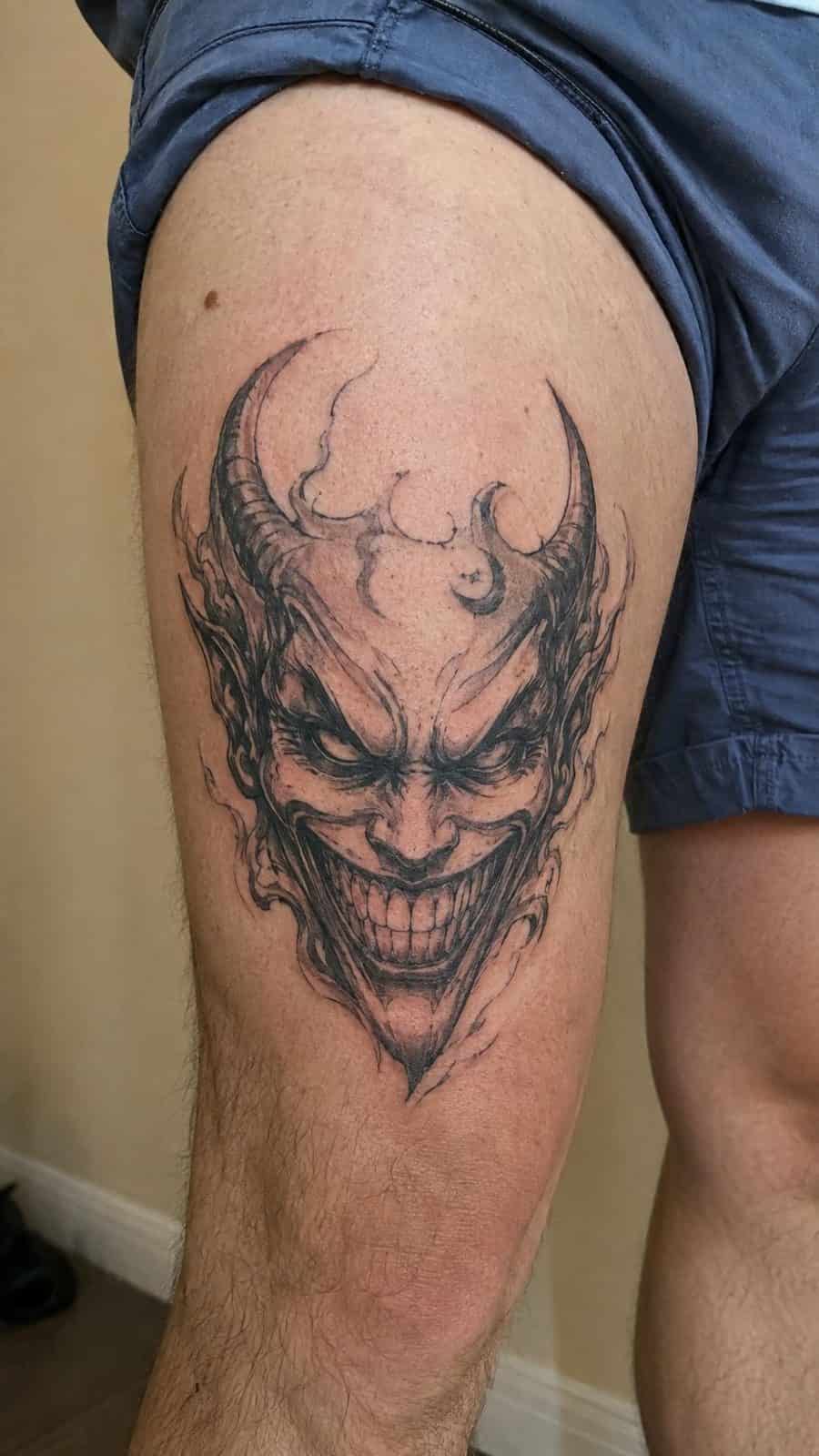 Unleash Your Dark Side: 23 Devilishly Unique Tattoo Ideas for Men 39 Healed demon's grin tattoo on a adult man's outer thigh, photographed in a natural relaxed documentary crop — study 1