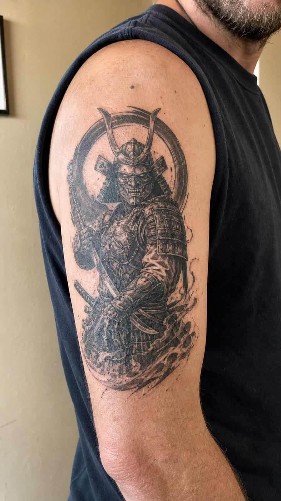 Unleash Your Dark Side: 23 Devilishly Unique Tattoo Ideas for Men 41 Healed devilish samurai tattoo on a adult man's outer upper arm, photographed in a natural relaxed documentary crop — study 2