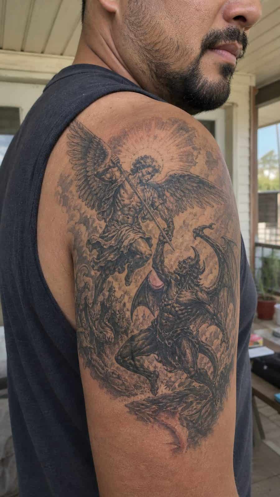 Unleash Your Dark Side: 23 Devilishly Unique Tattoo Ideas for Men 43 Healed epic battle: good vs evil tattoo on a adult man's shoulder, photographed in a natural casual close three-quarter view — study 1