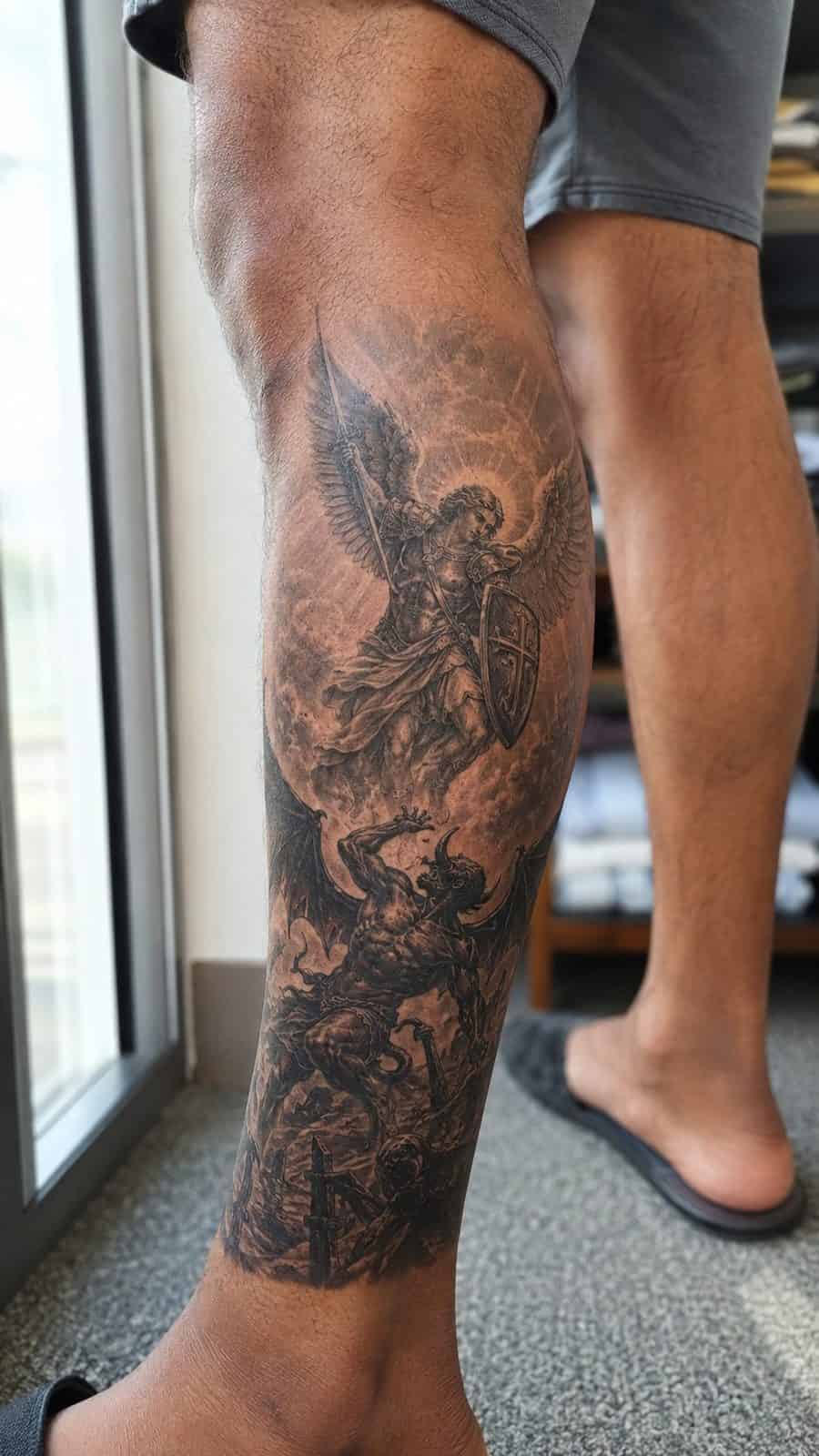 Unleash Your Dark Side: 23 Devilishly Unique Tattoo Ideas for Men 45 Healed epic battle: good vs evil tattoo on a adult man's outer calf, photographed in a natural gentle side angle that clearly shows — study 3