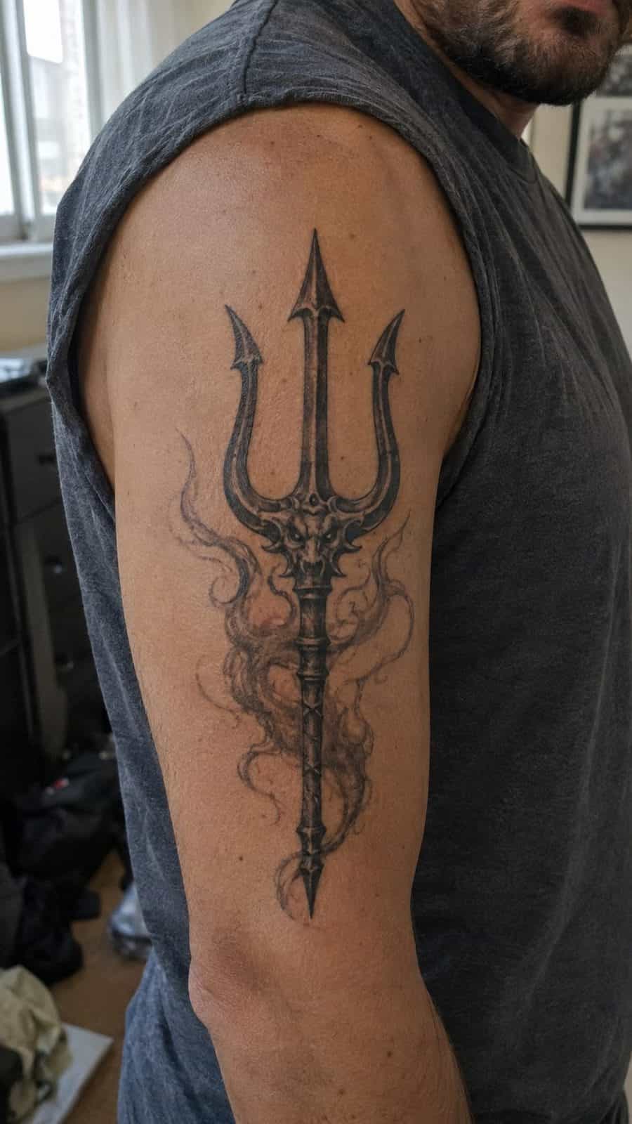 Unleash Your Dark Side: 23 Devilishly Unique Tattoo Ideas for Men 46 Healed devil’s trident tattoo on a adult man's outer upper arm, photographed in a natural gentle side angle that clearly shows how the — study 1