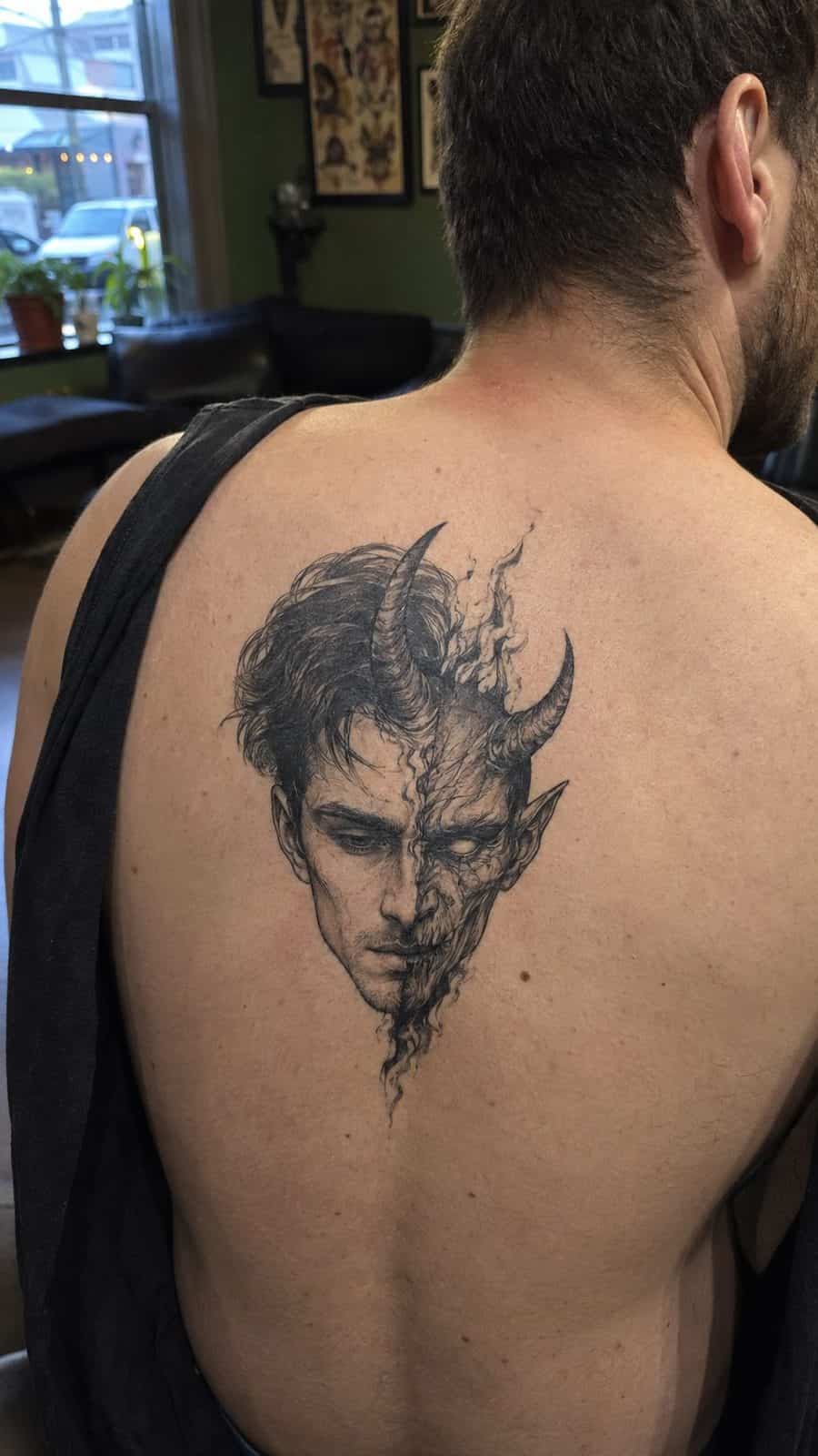 Unleash Your Dark Side: 23 Devilishly Unique Tattoo Ideas for Men 48 Healed devil-morphed portrait tattoo on a adult man's upper back, photographed in a natural slightly elevated close view — study 1