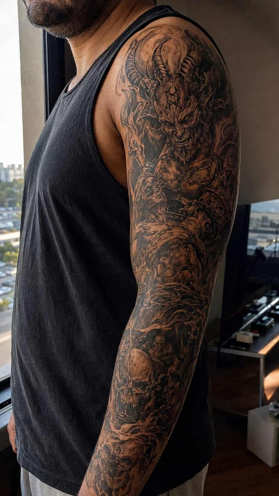 Unleash Your Dark Side: 23 Devilishly Unique Tattoo Ideas for Men 52 Healed fiendish full sleeve tattoo on a adult man's upper-arm sleeve, photographed in a natural waist-height candid close-up — study 3