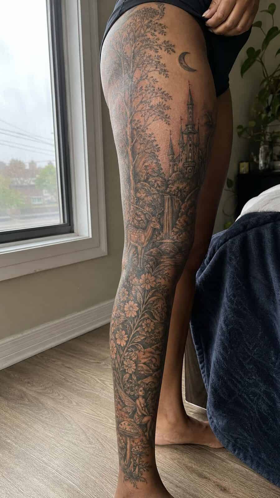 32 Gorgeous Female Leg Sleeve Tattoos 2 Healed enchanted forest fantasy tattoo on a adult woman's full outer leg sleeve, photographed in a natural relaxed documentary crop — study 1