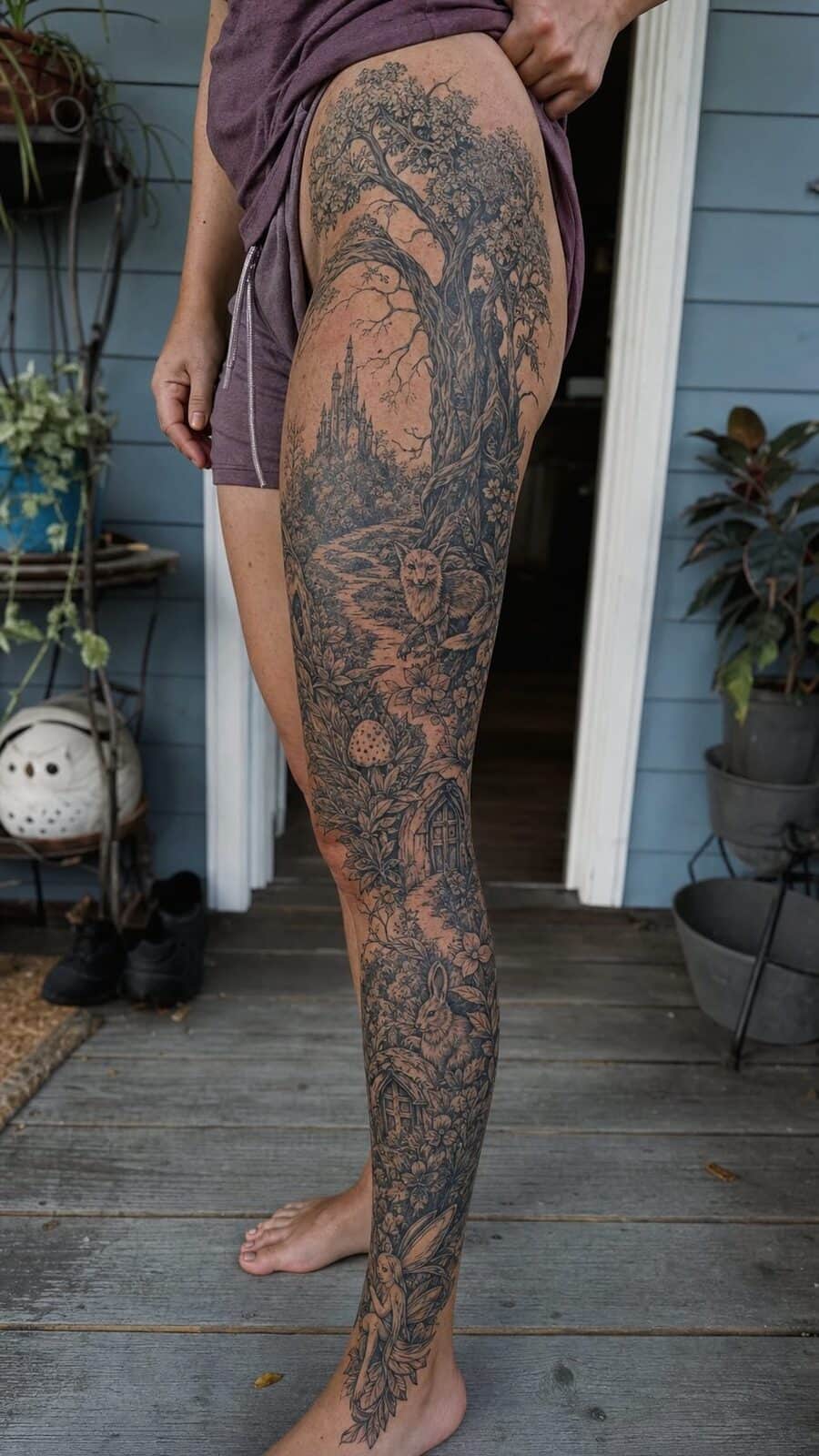 32 Gorgeous Female Leg Sleeve Tattoos 3 Healed enchanted forest fantasy tattoo on a adult woman's full outer leg sleeve, photographed in a natural casual close three-quarter — study 2