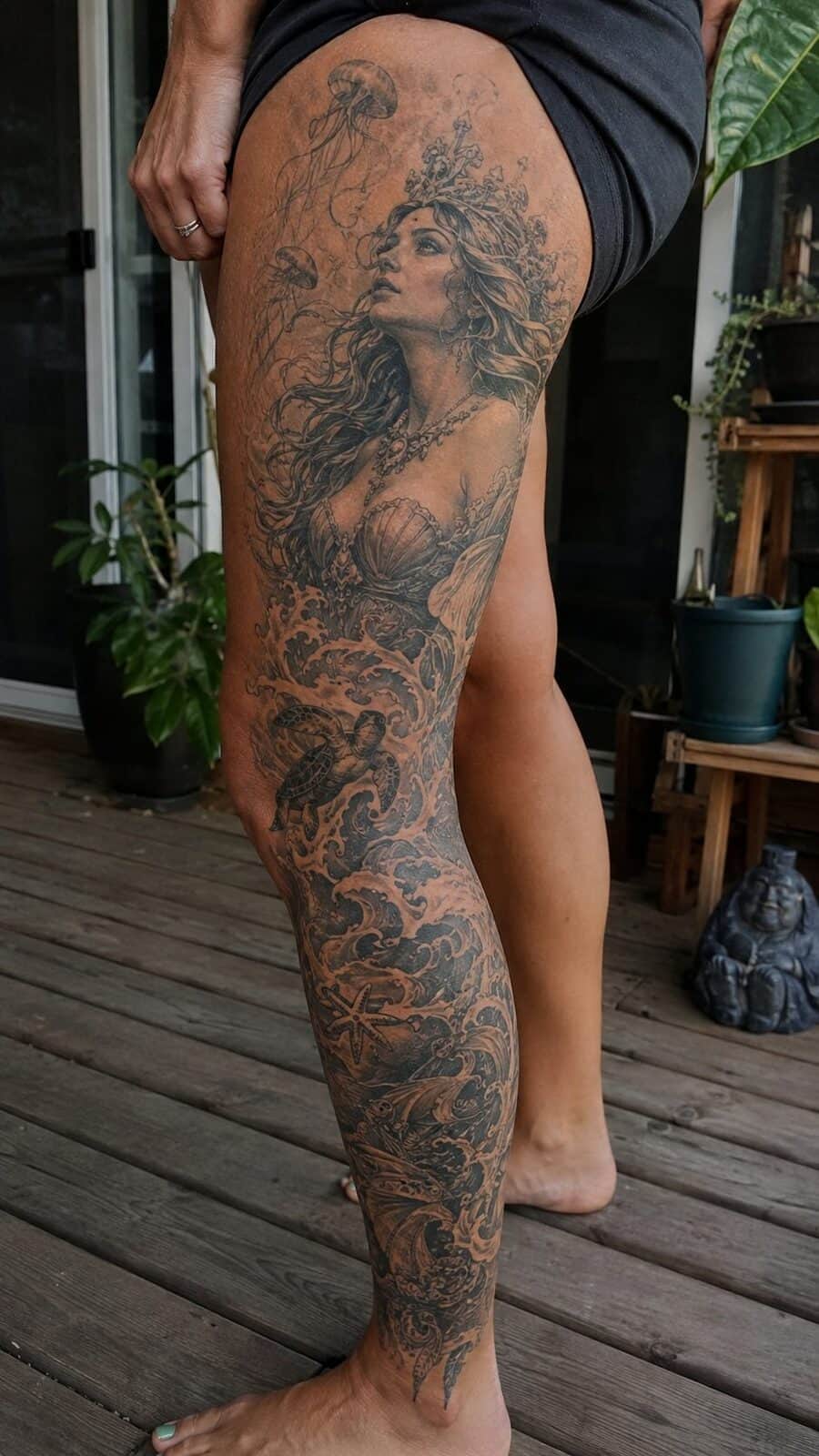 32 Gorgeous Female Leg Sleeve Tattoos 5 Healed goddess of the sea tattoo on a adult woman's full outer leg sleeve, photographed in a natural waist-height candid close-up — study 1