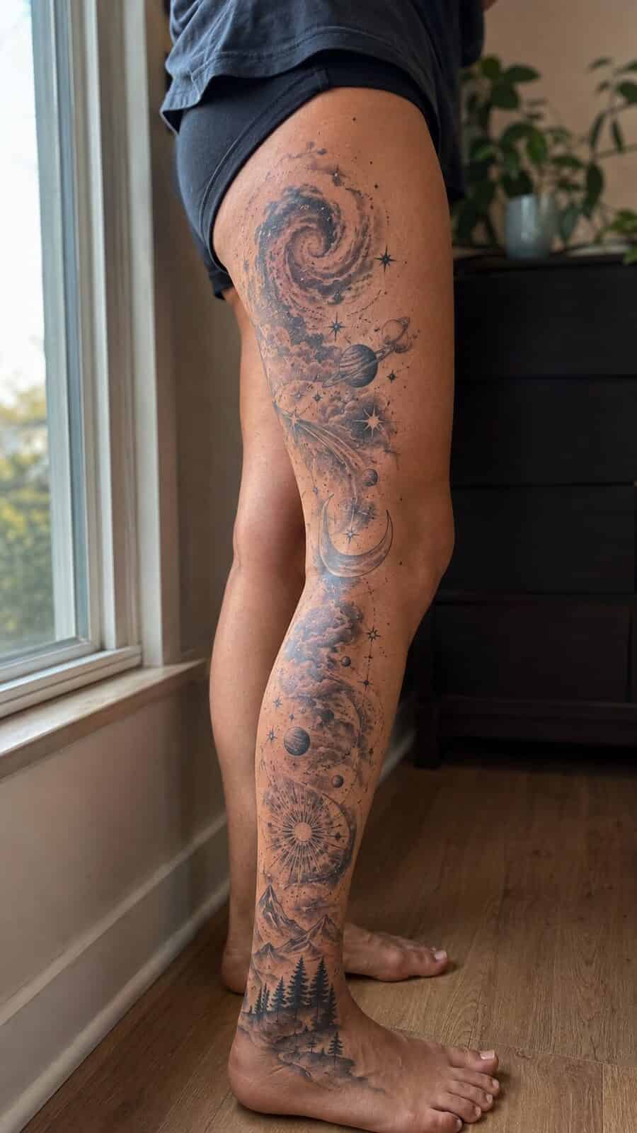 32 Gorgeous Female Leg Sleeve Tattoos 7 Healed cosmic dreamscape tattoo on a adult woman's full outer leg sleeve, photographed in a natural casual close three-quarter view — study 1