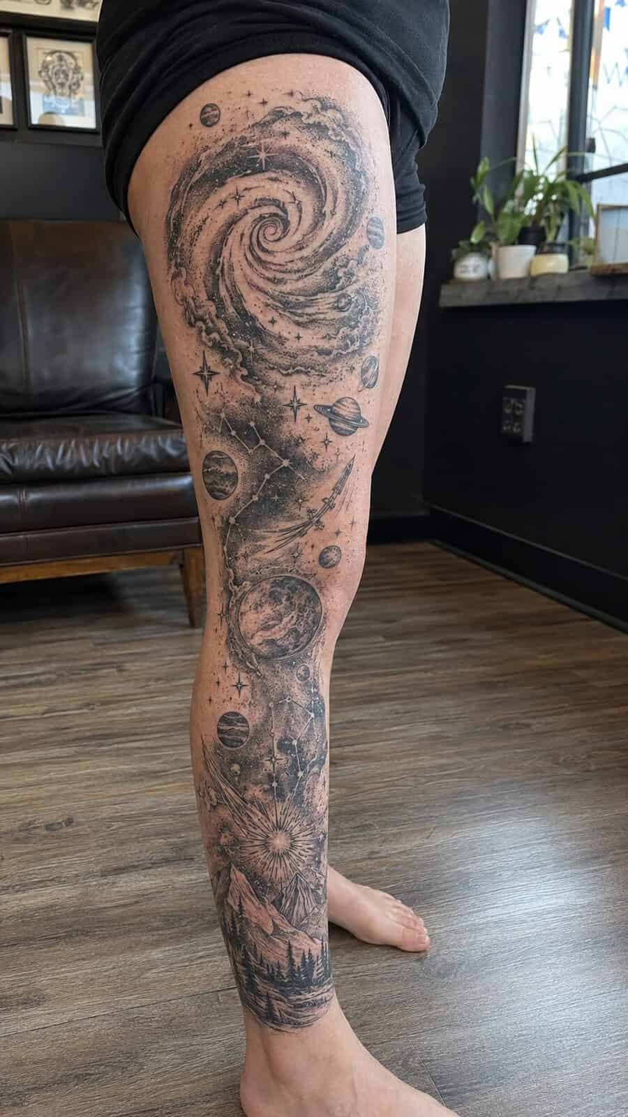 32 Gorgeous Female Leg Sleeve Tattoos 8 Healed cosmic dreamscape tattoo on a adult woman's full outer leg sleeve, photographed in a natural straight-on close view, a touch — study 2