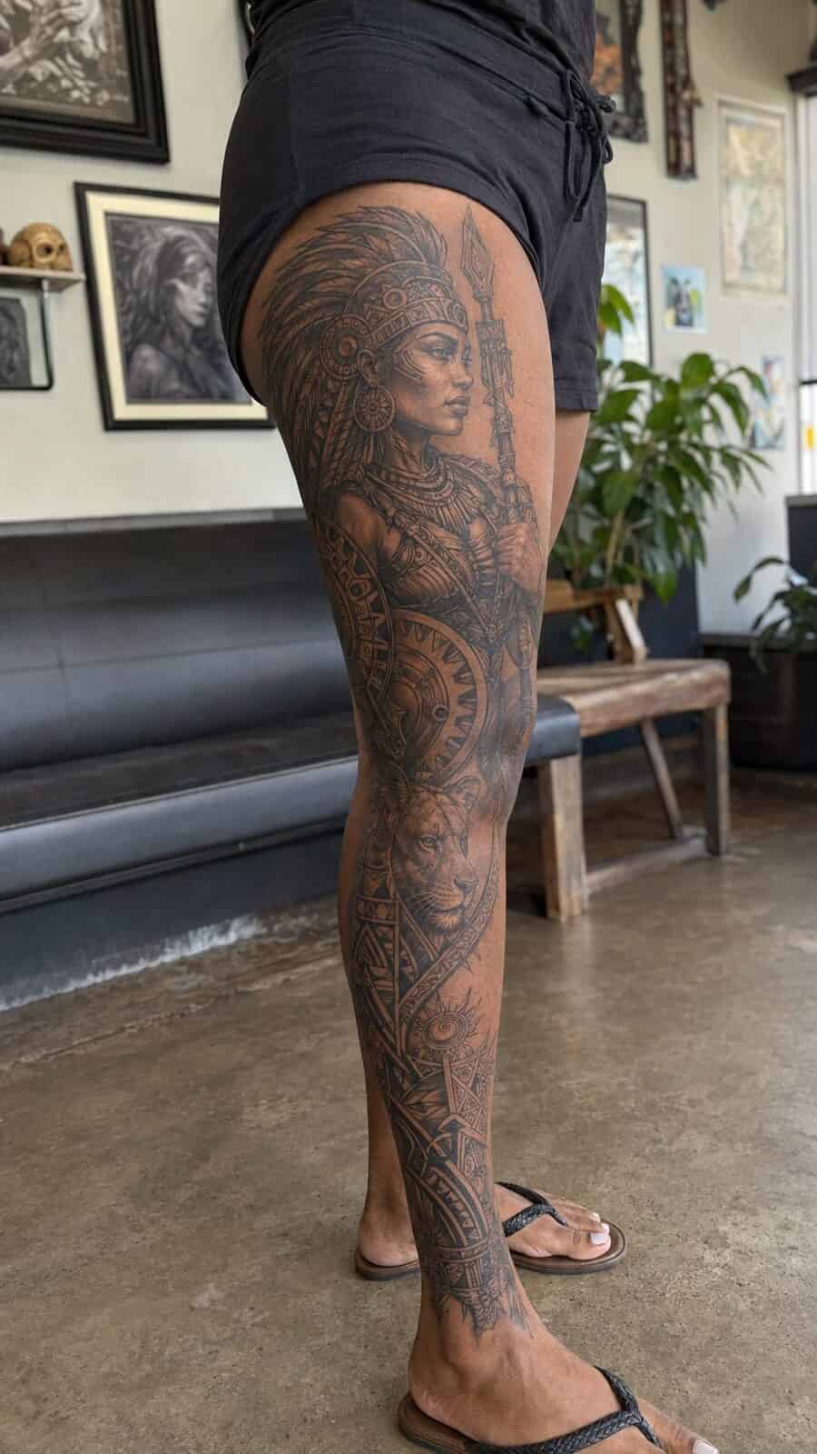 32 Gorgeous Female Leg Sleeve Tattoos 12 Healed ancient warrior spirit tattoo on a adult woman's full outer leg sleeve, photographed in a natural gentle side angle that — study 2