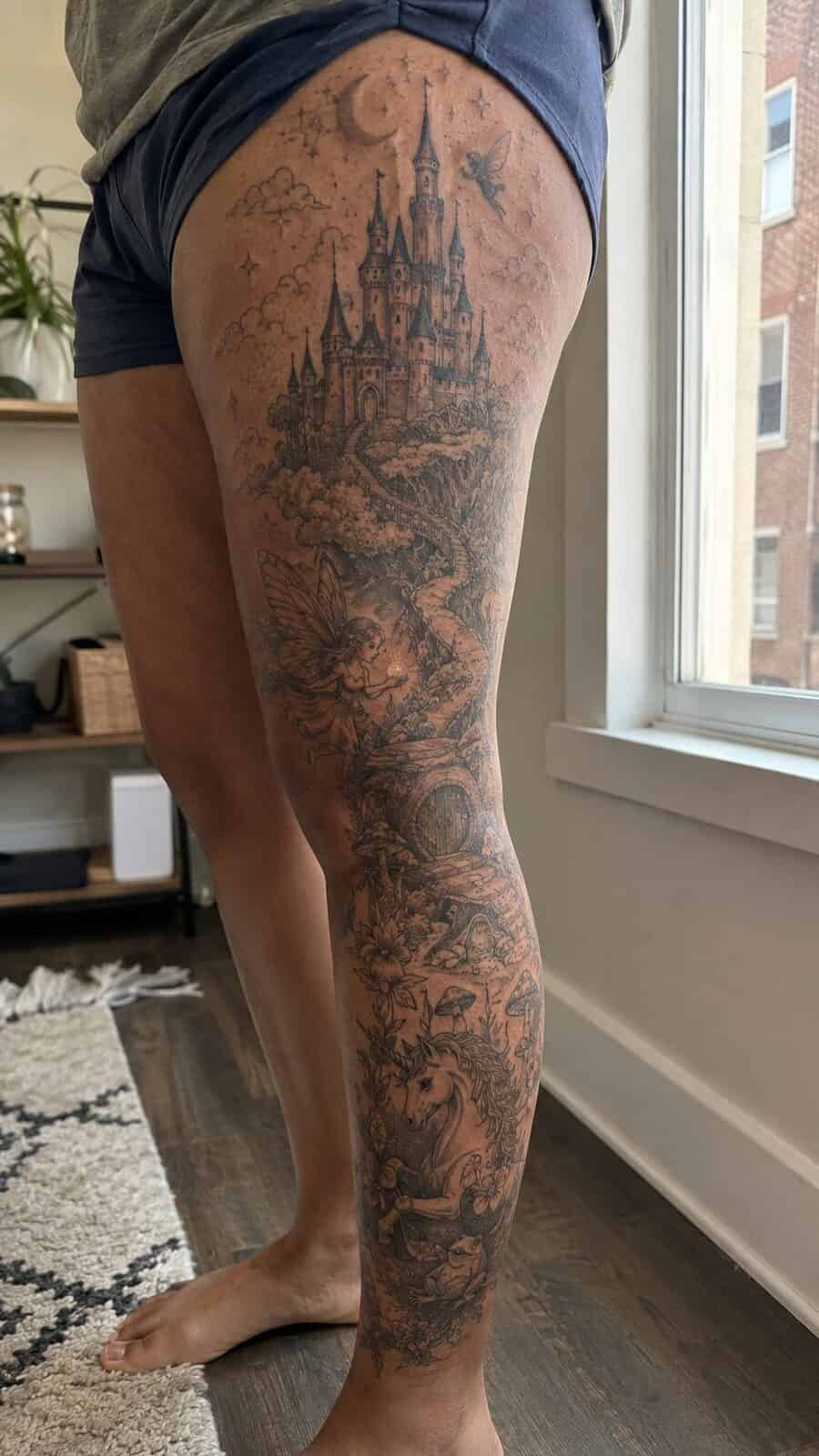 32 Gorgeous Female Leg Sleeve Tattoos 13 Healed whimsical fairytale scene tattoo on a adult woman's full outer leg sleeve, photographed in a natural straight-on close view, a — study 1