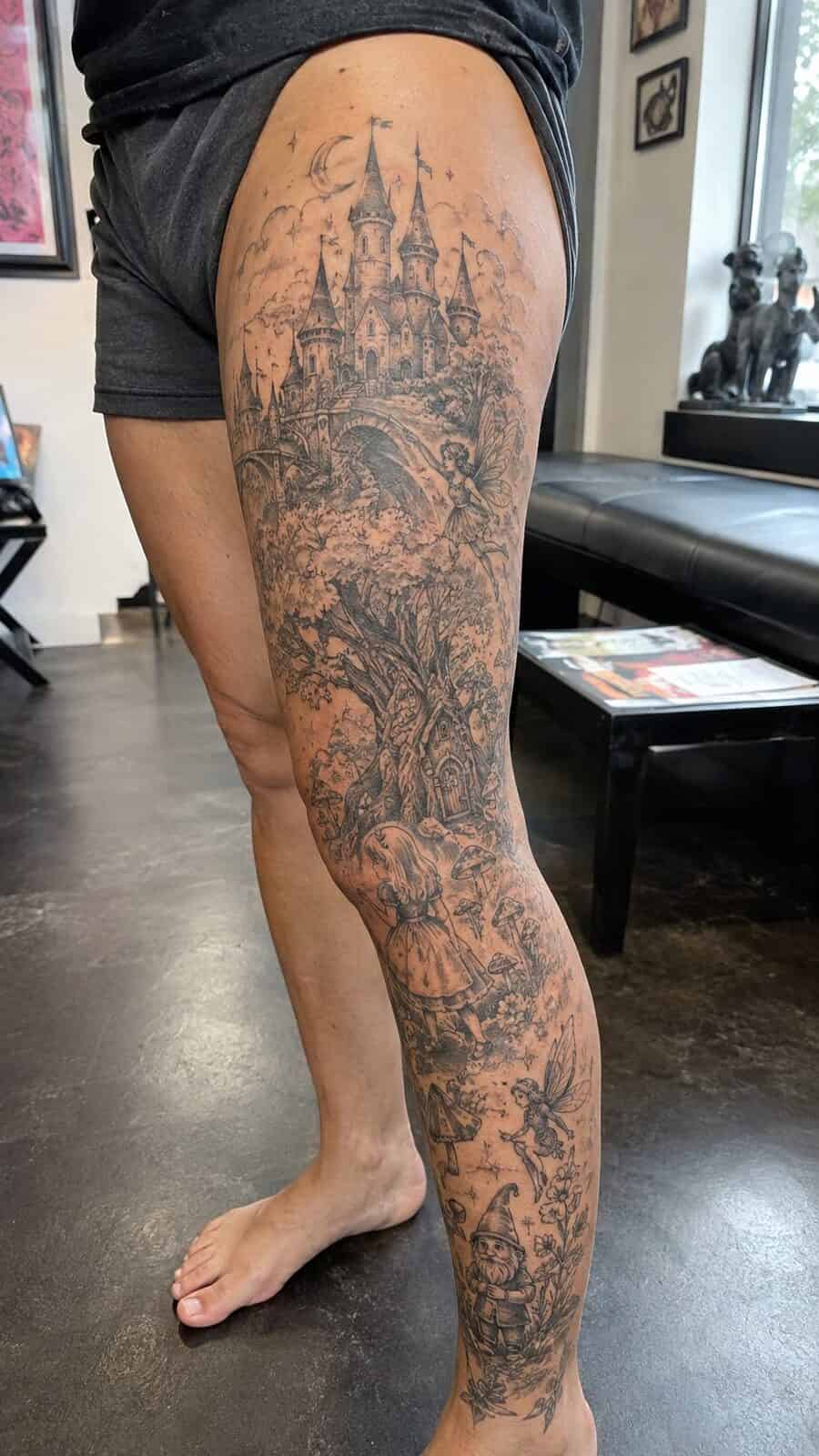 32 Gorgeous Female Leg Sleeve Tattoos 14 Healed whimsical fairytale scene tattoo on a adult woman's full outer leg sleeve, photographed in a natural gentle side angle that — study 2