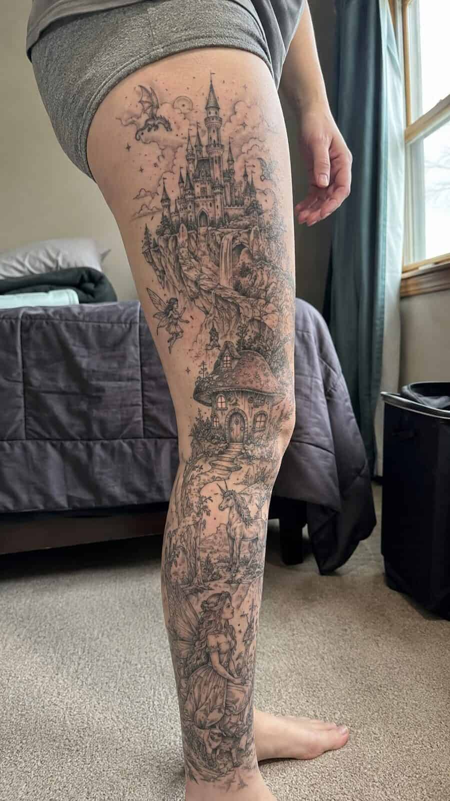 32 Gorgeous Female Leg Sleeve Tattoos 15 Healed whimsical fairytale scene tattoo on a adult woman's full outer leg sleeve, photographed in a natural slightly elevated close — study 3