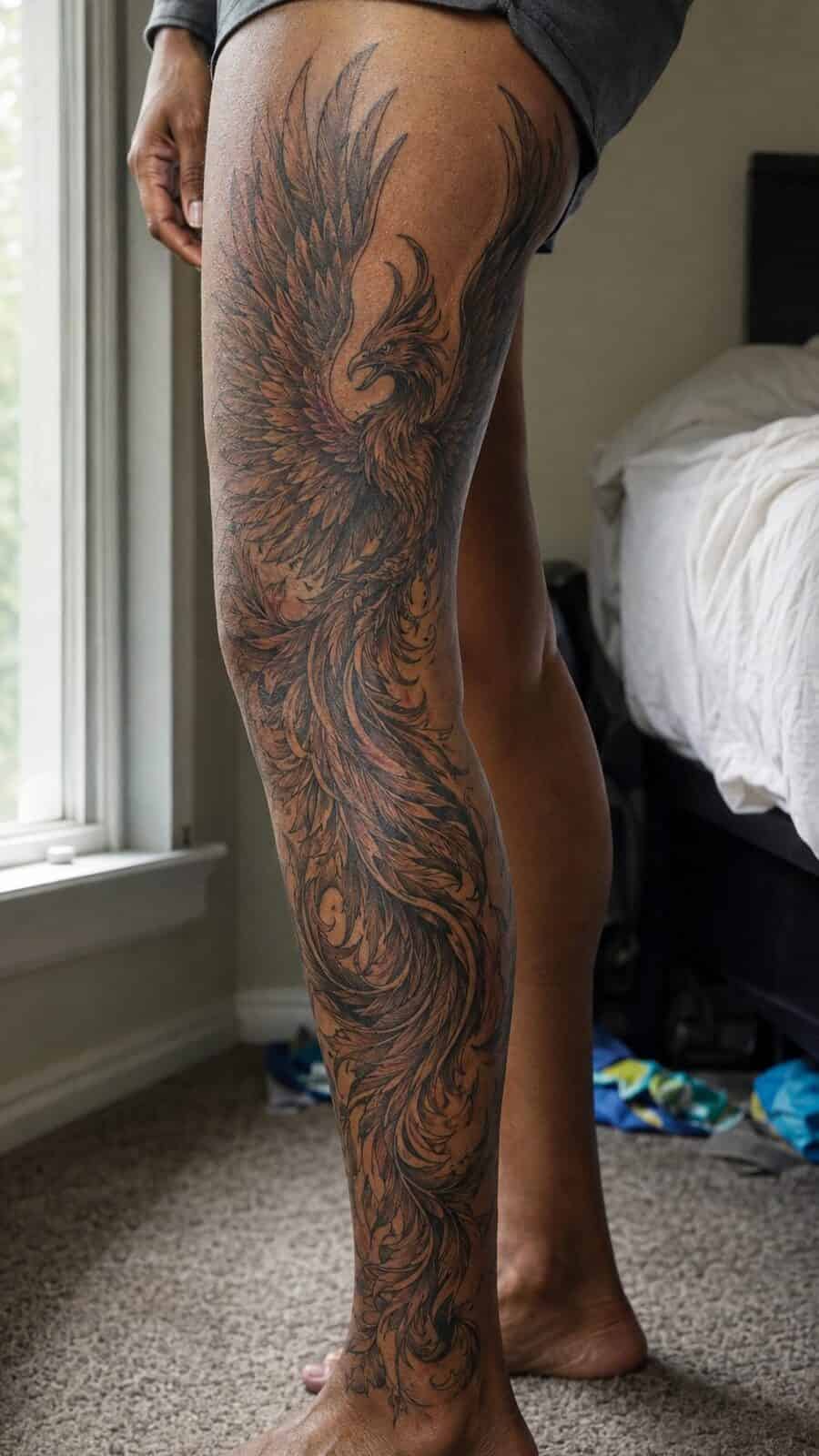 32 Gorgeous Female Leg Sleeve Tattoos 17 Healed majestic phoenix rising tattoo on a adult woman's full outer leg sleeve, photographed in a natural casual close three-quarter — study 2