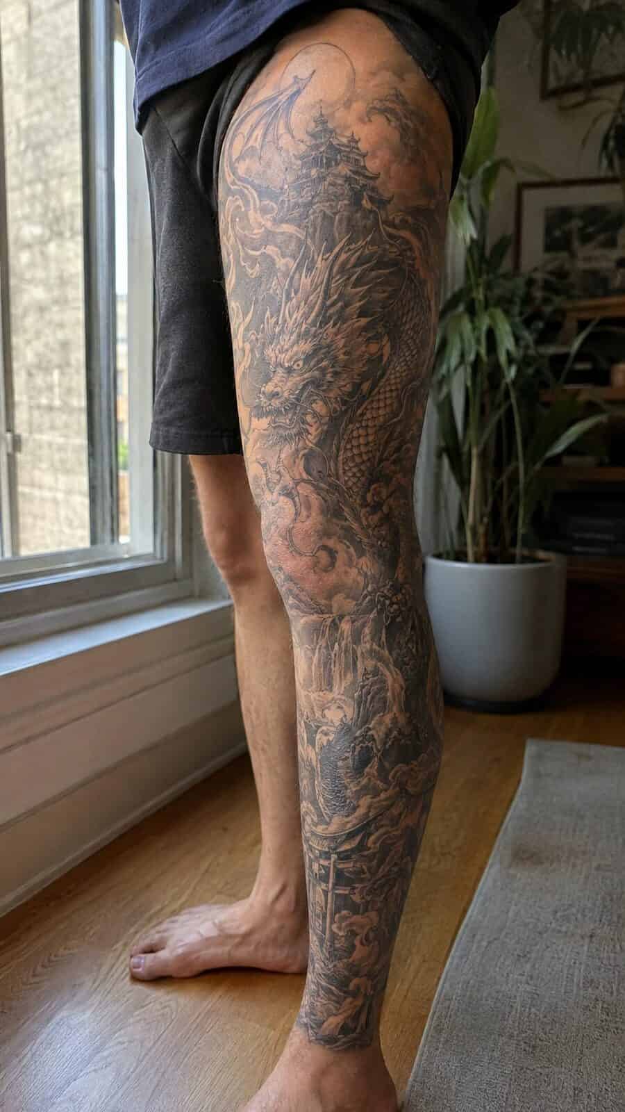 32 Gorgeous Female Leg Sleeve Tattoos 19 Healed mythical dragon realm tattoo on a adult woman's full outer leg sleeve, photographed in a natural relaxed documentary crop — study 2