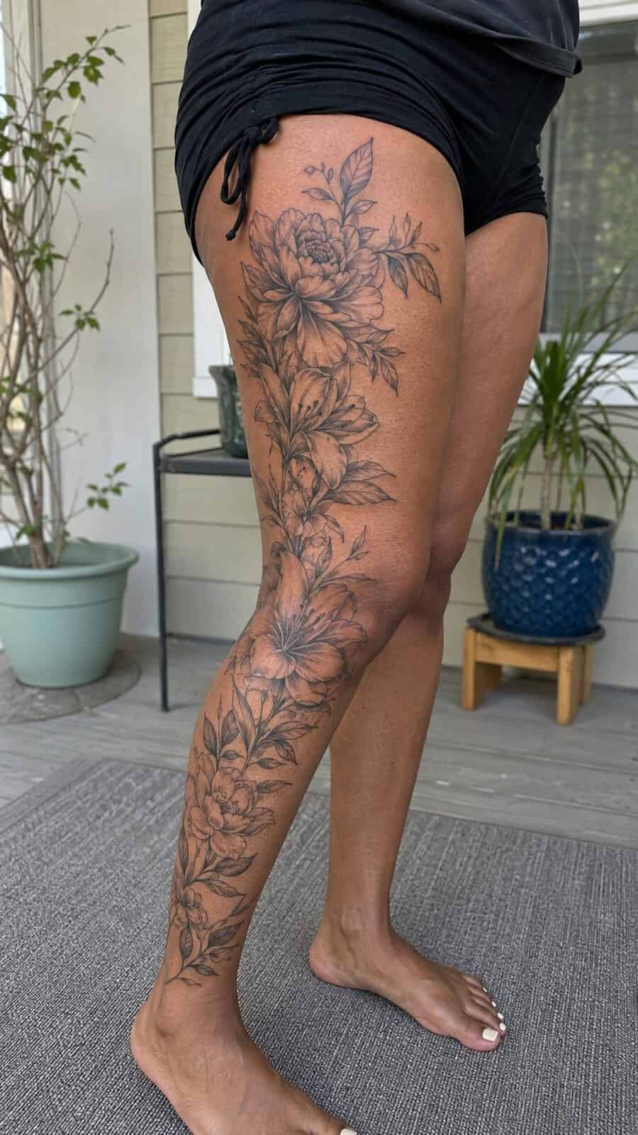 32 Gorgeous Female Leg Sleeve Tattoos 20 Healed floral elegance in black and white tattoo on a adult woman's full outer leg sleeve, photographed in a natural casual close — study 1