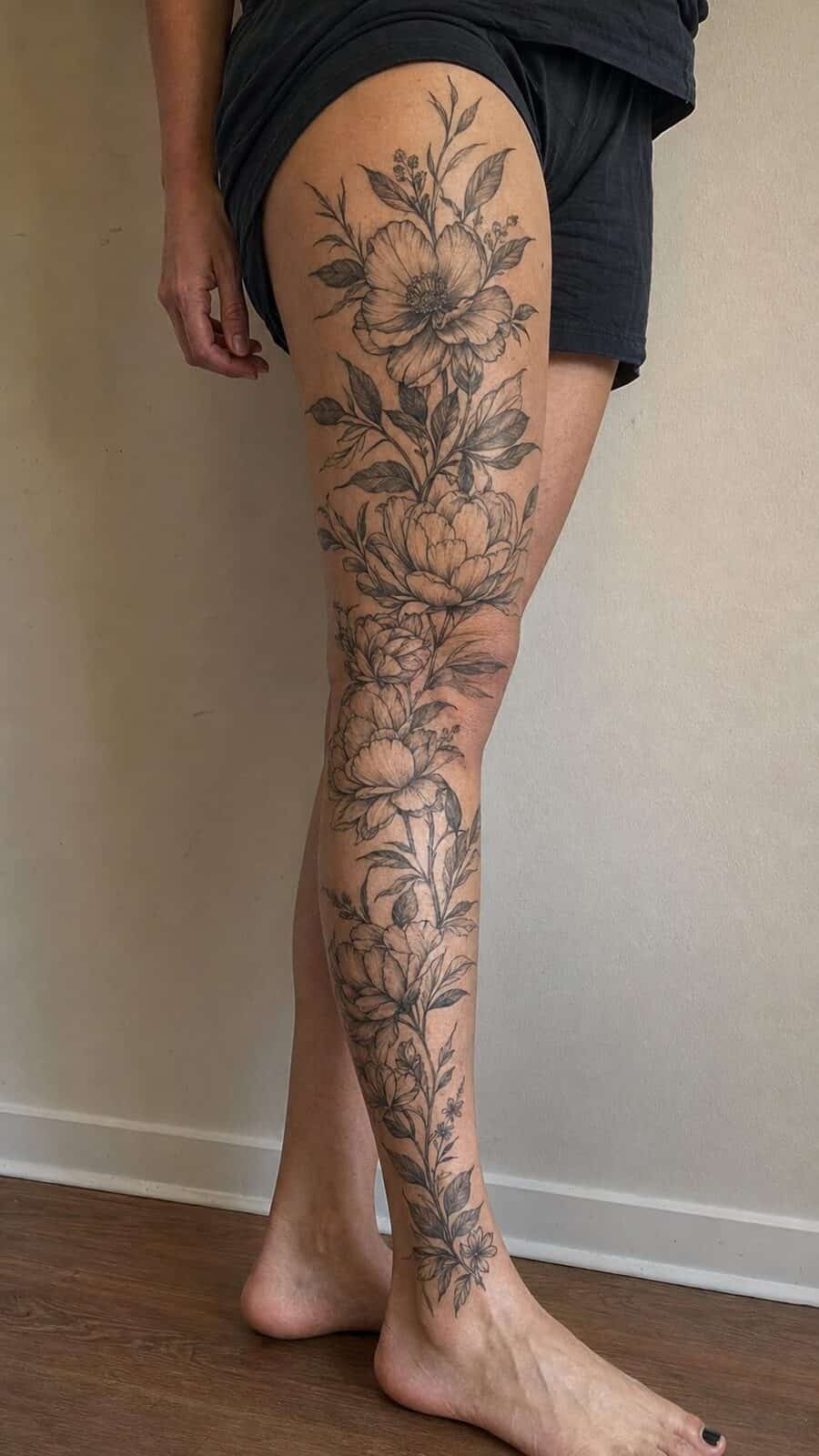 32 Gorgeous Female Leg Sleeve Tattoos 21 Healed floral elegance in black and white tattoo on a adult woman's full outer leg sleeve, photographed in a natural straight-on close — study 2