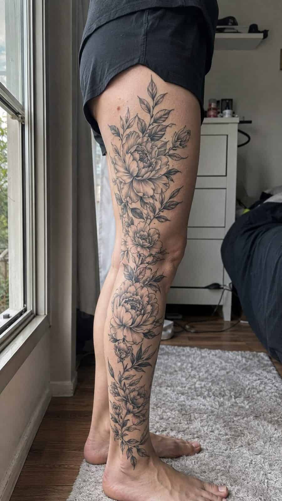 32 Gorgeous Female Leg Sleeve Tattoos 22 Healed floral elegance in black and white tattoo on a adult woman's full outer leg sleeve, photographed in a natural gentle side angle — study 3