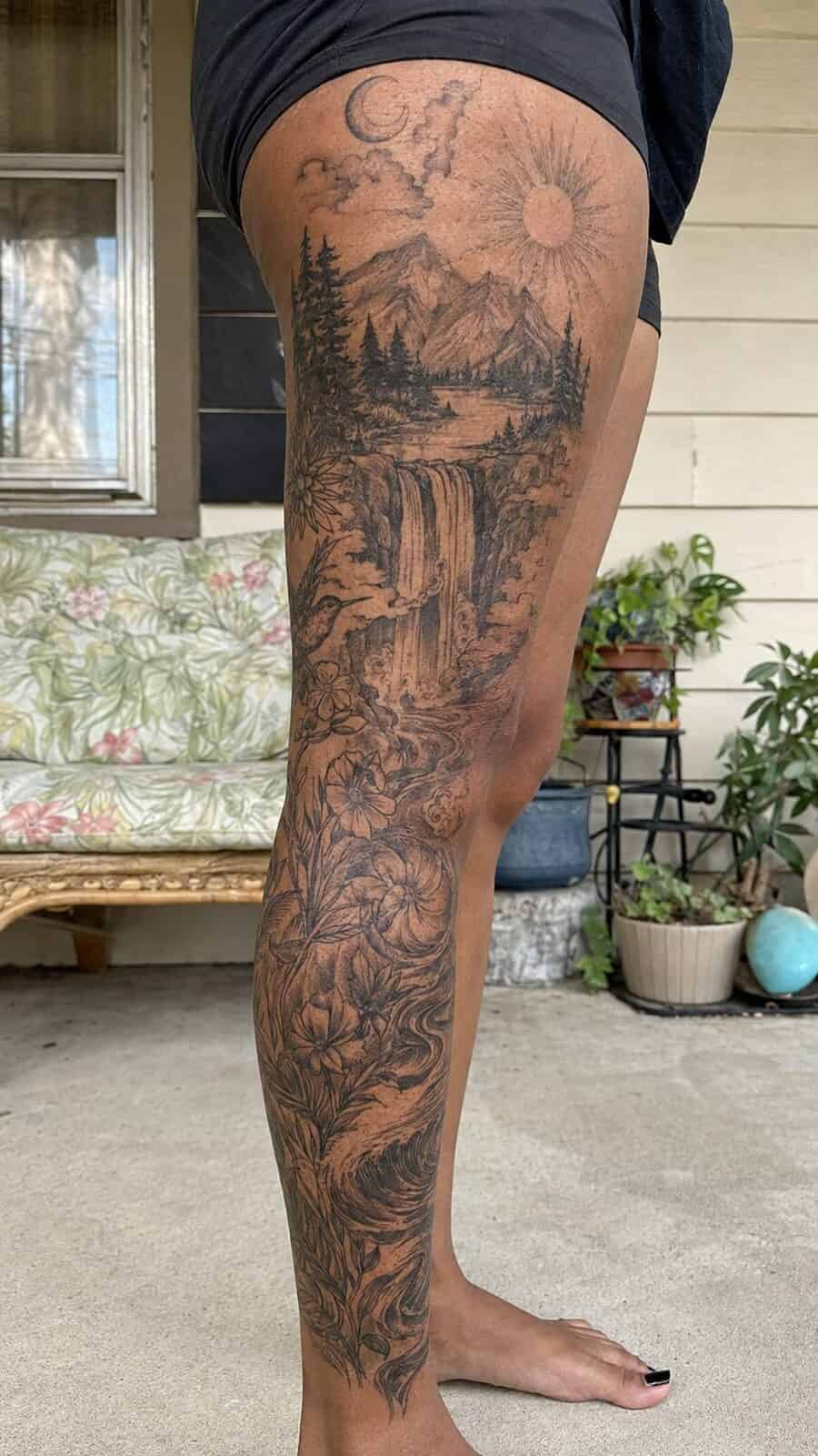 32 Gorgeous Female Leg Sleeve Tattoos 23 Healed nature's symphony tattoo on a adult woman's full outer leg sleeve, photographed in a natural relaxed documentary crop — study 1