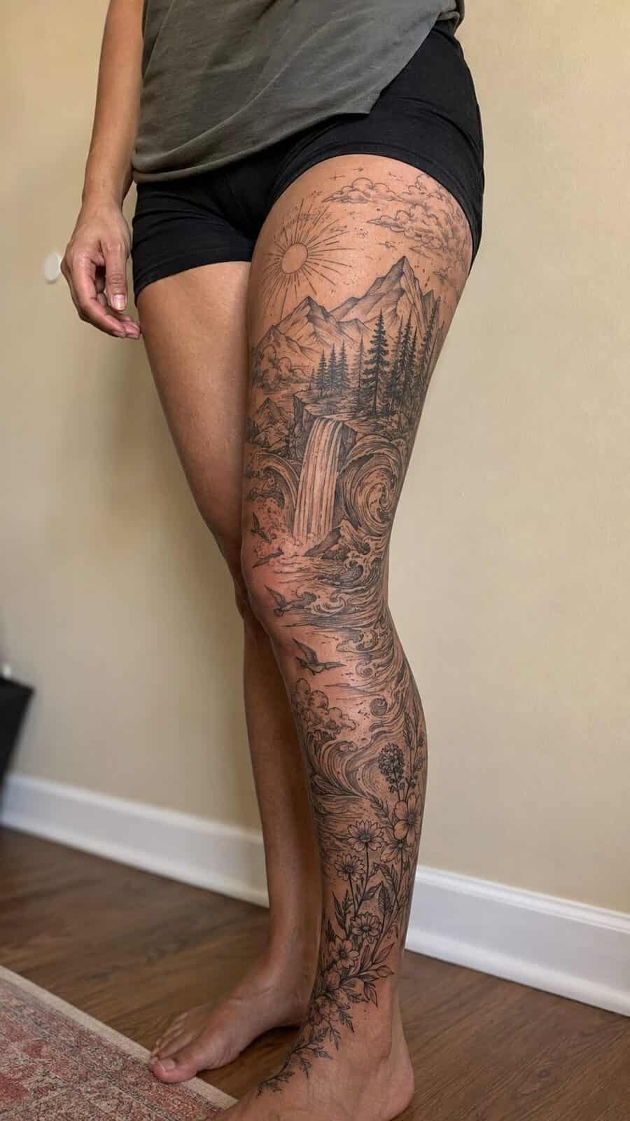 32 Gorgeous Female Leg Sleeve Tattoos 24 Healed nature's symphony tattoo on a adult woman's full outer leg sleeve, photographed in a natural casual close three-quarter view — study 2