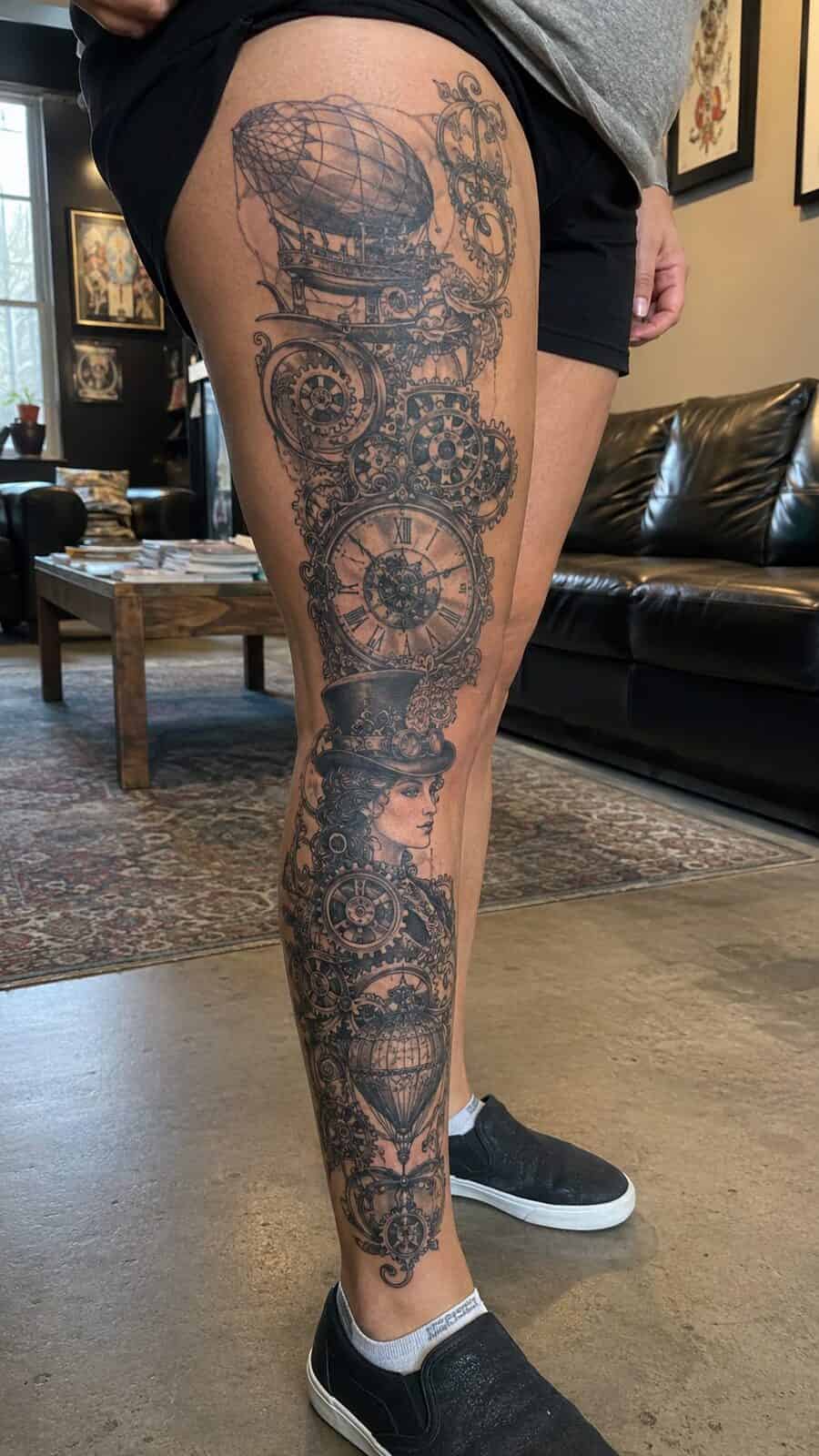 32 Gorgeous Female Leg Sleeve Tattoos 25 Healed steampunk adventure tattoo on a adult woman's full outer leg sleeve, photographed in a natural straight-on close view, a touch — study 1