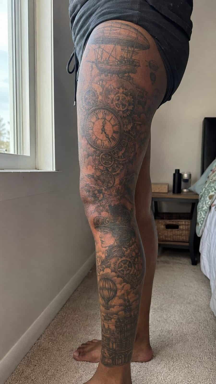 32 Gorgeous Female Leg Sleeve Tattoos 26 Healed steampunk adventure tattoo on a adult woman's full outer leg sleeve, photographed in a natural gentle side angle that clearly — study 2
