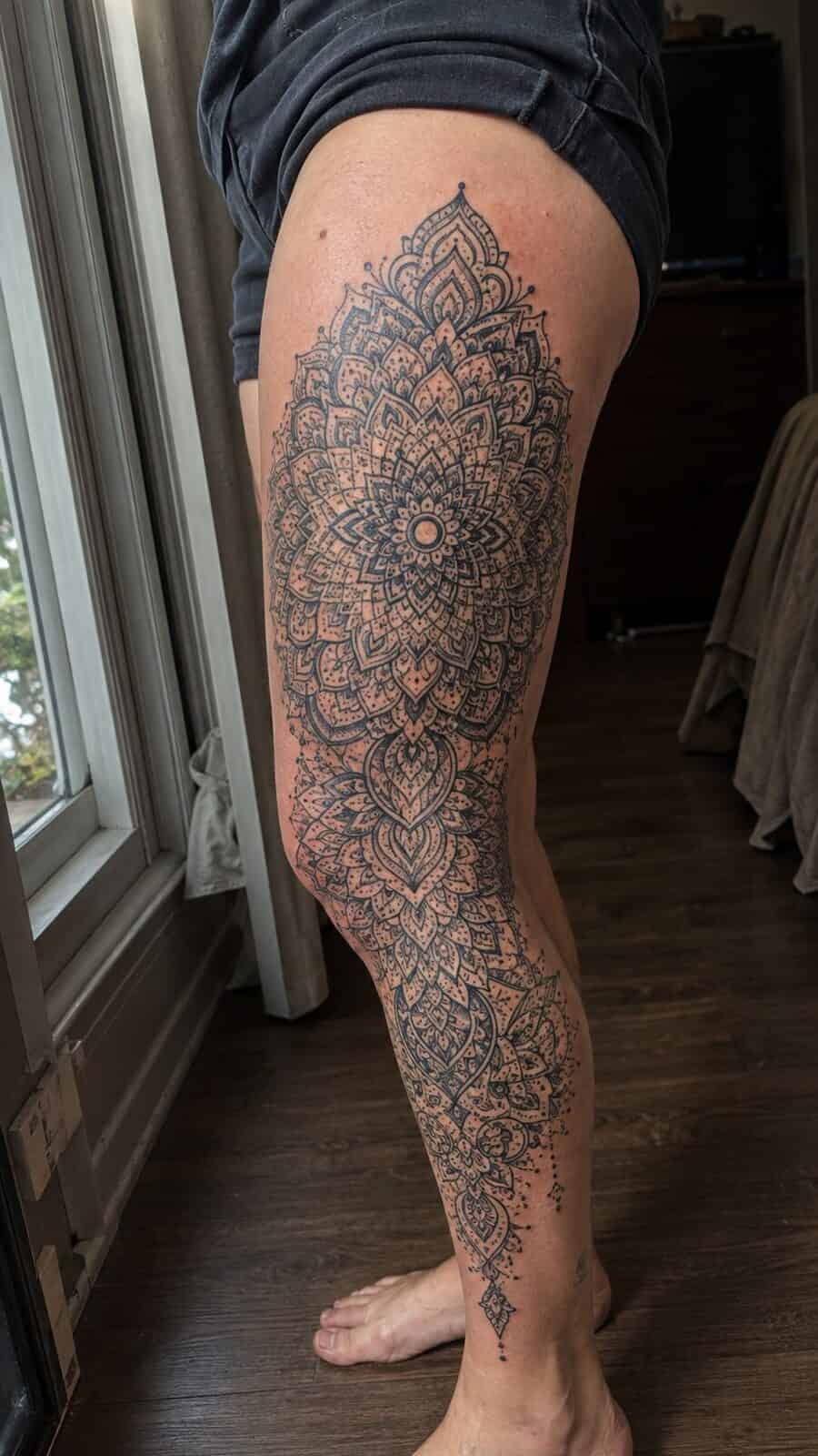 32 Gorgeous Female Leg Sleeve Tattoos 27 Healed mystical mandala magic tattoo on a adult woman's full outer leg sleeve, photographed in a natural casual close three-quarter — study 1