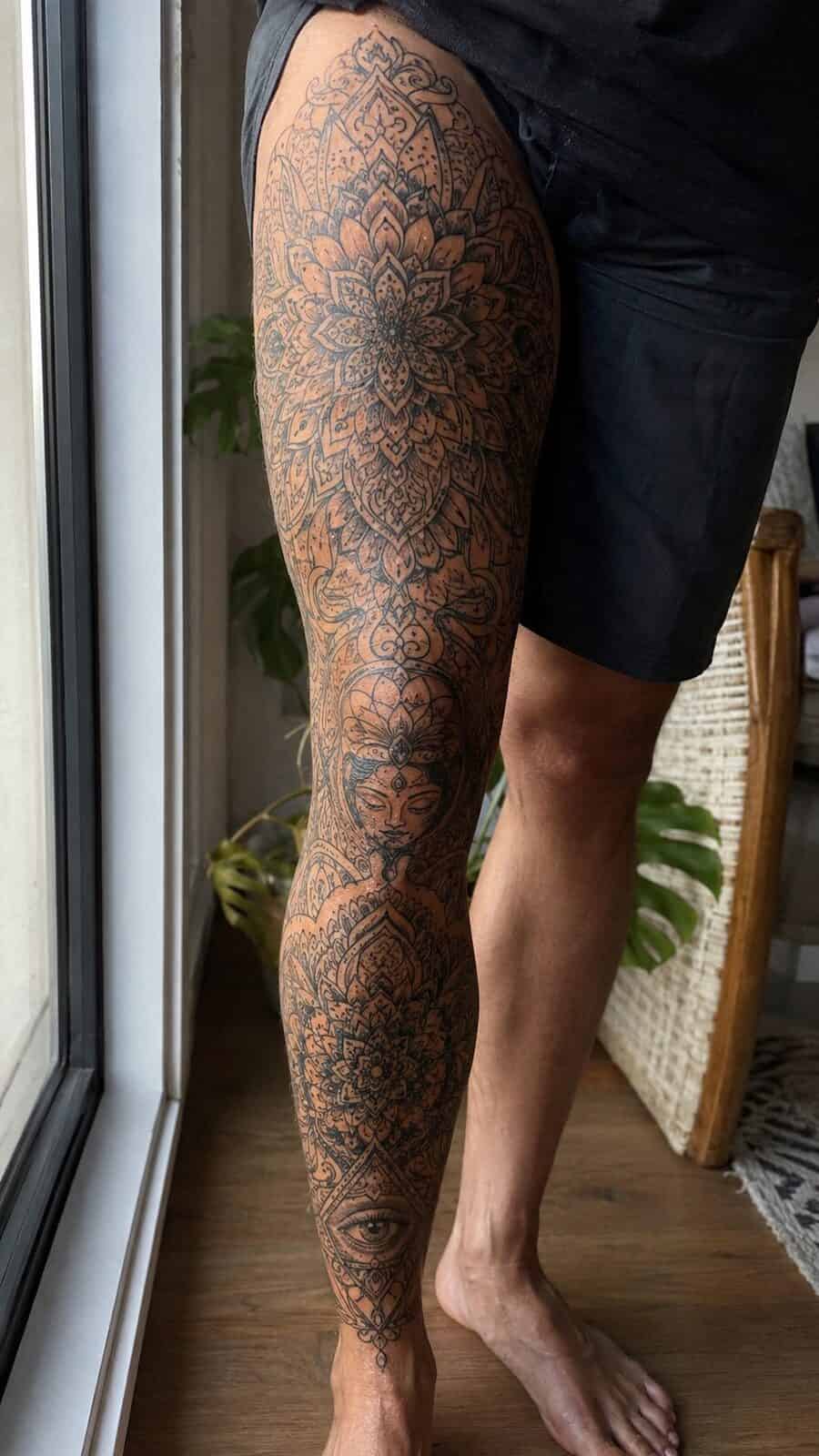 32 Gorgeous Female Leg Sleeve Tattoos 28 Healed mystical mandala magic tattoo on a adult woman's full outer leg sleeve, photographed in a natural straight-on close view, a — study 2