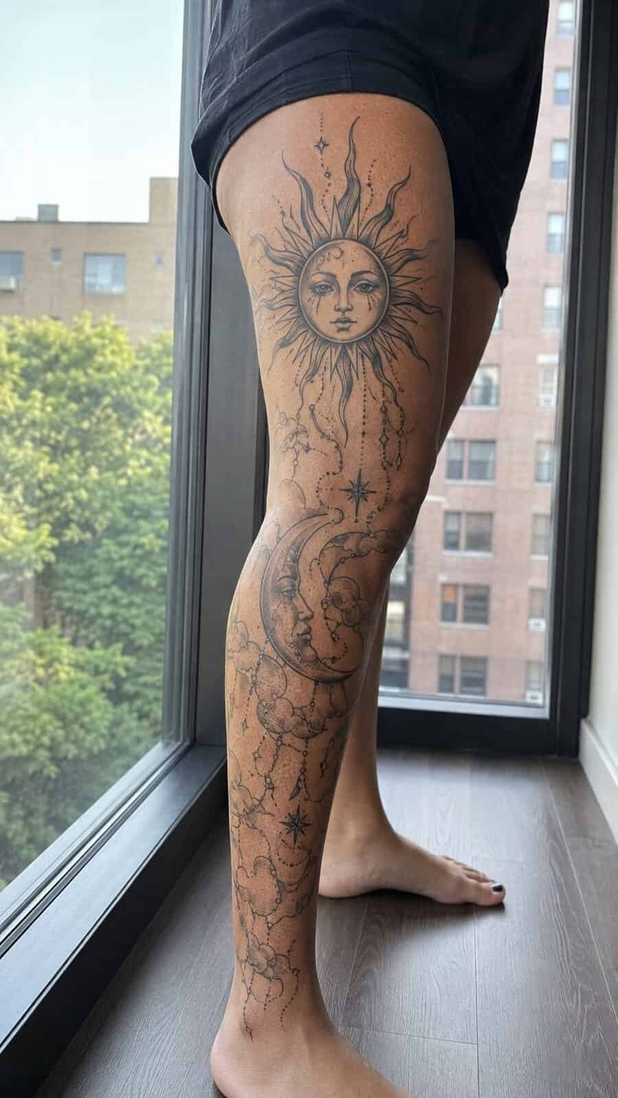 32 Gorgeous Female Leg Sleeve Tattoos 29 Healed celestial sun and moon tattoo on a adult woman's full outer leg sleeve, photographed in a natural gentle side angle that — study 1