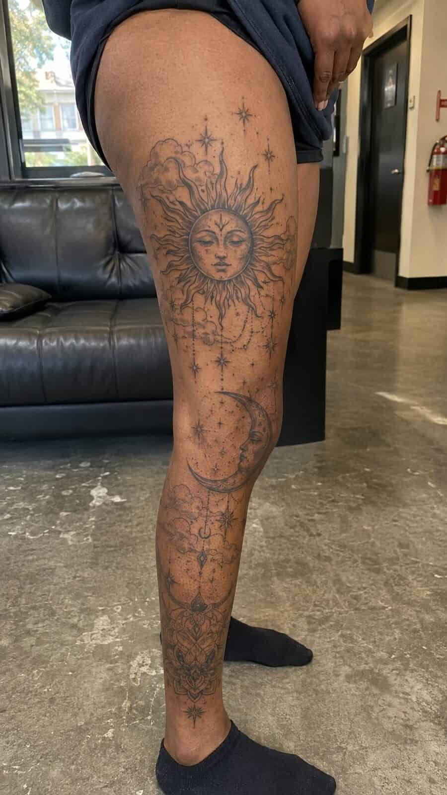 32 Gorgeous Female Leg Sleeve Tattoos 30 Healed celestial sun and moon tattoo on a adult woman's full outer leg sleeve, photographed in a natural slightly elevated close view — study 2