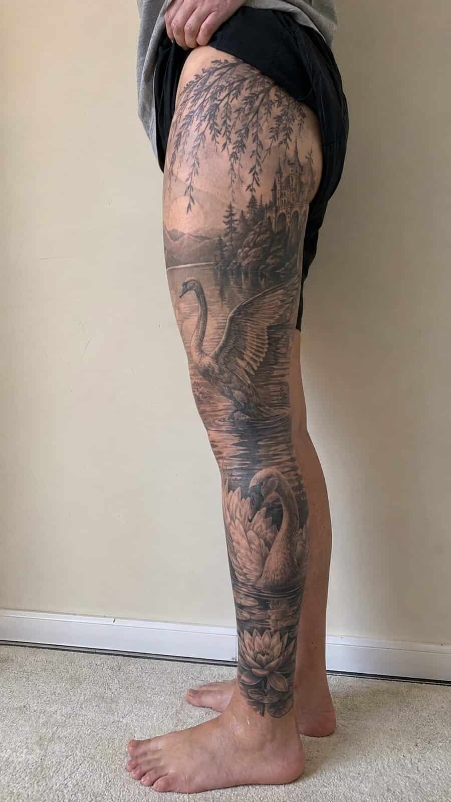 32 Gorgeous Female Leg Sleeve Tattoos 33 Healed graceful swan lake tattoo on a adult woman's full outer leg sleeve, photographed in a natural relaxed documentary crop — study 3