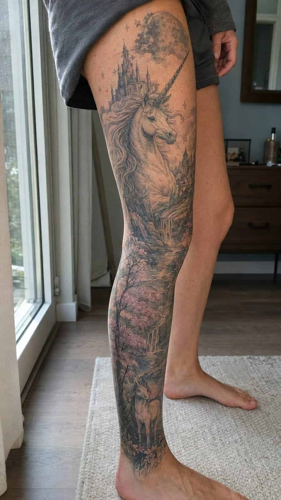 32 Gorgeous Female Leg Sleeve Tattoos 36 Healed magical unicorn realm tattoo on a adult woman's full outer leg sleeve, photographed in a natural waist-height candid close-up — study 1