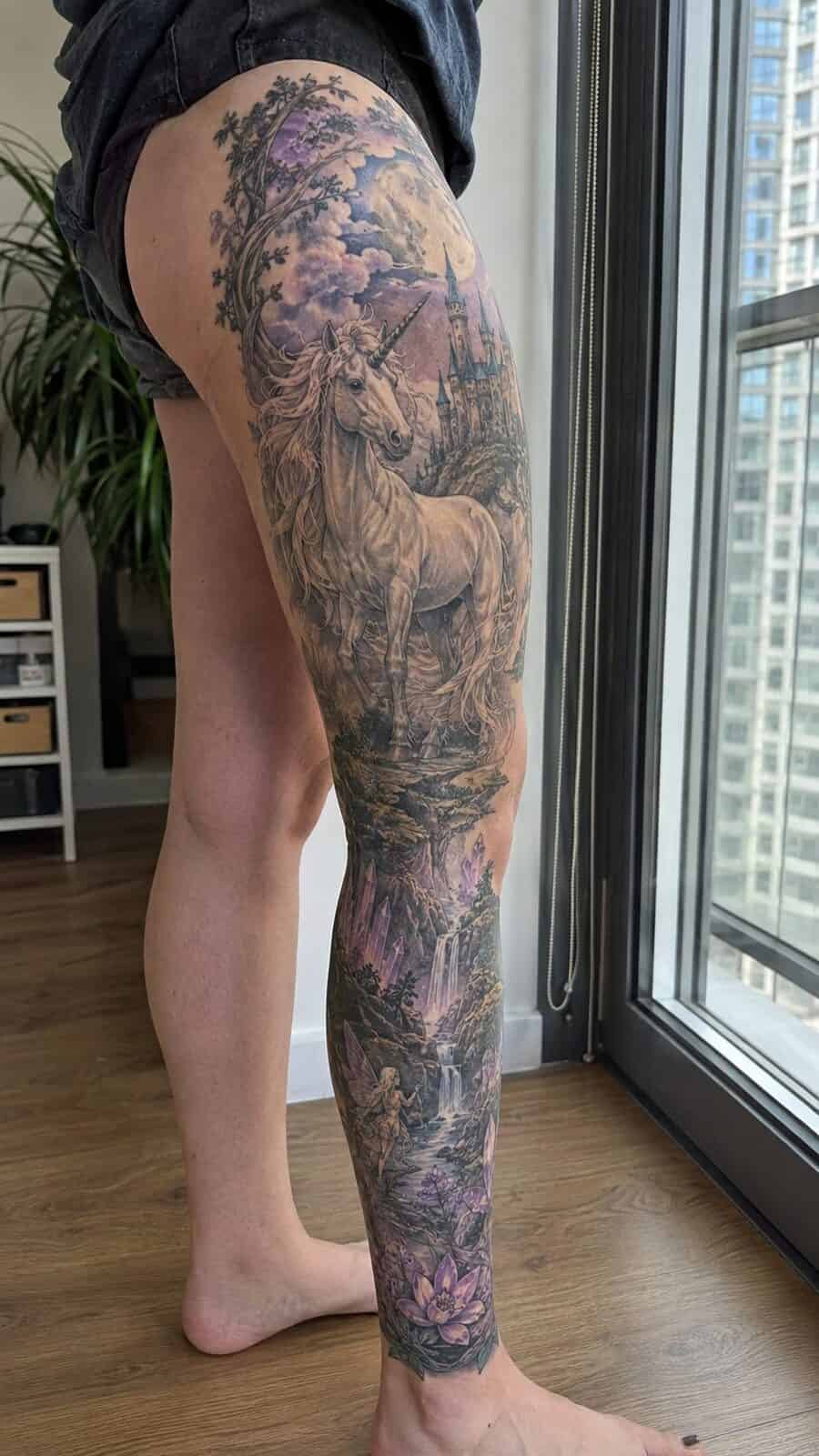 32 Gorgeous Female Leg Sleeve Tattoos 37 Healed magical unicorn realm tattoo on a adult woman's full outer leg sleeve, photographed in a natural relaxed documentary crop — study 2