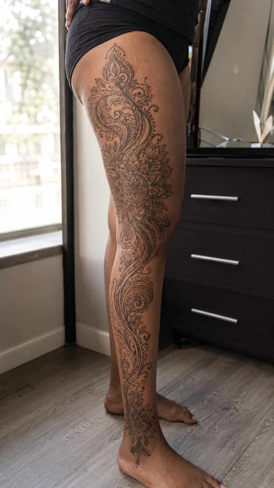 32 Gorgeous Female Leg Sleeve Tattoos 39 Healed intricate henna-inspired art tattoo on a adult woman's full outer leg sleeve, photographed in a natural relaxed documentary crop — study 2