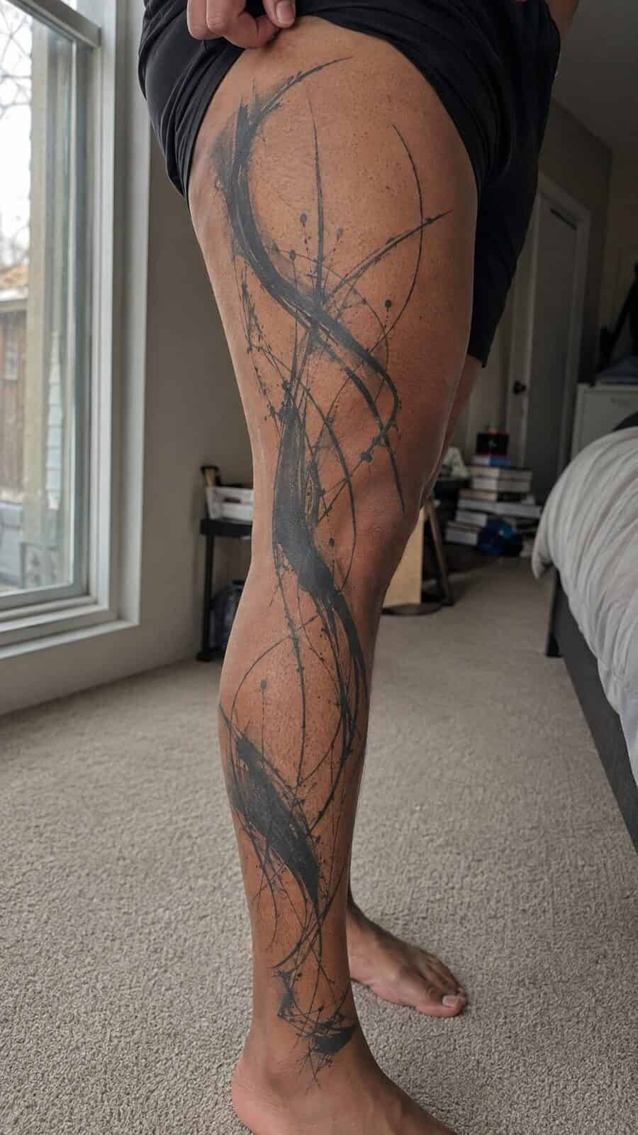 32 Gorgeous Female Leg Sleeve Tattoos 40 Healed abstract artistic expression tattoo on a adult woman's full outer leg sleeve, photographed in a natural straight-on close view — study 1