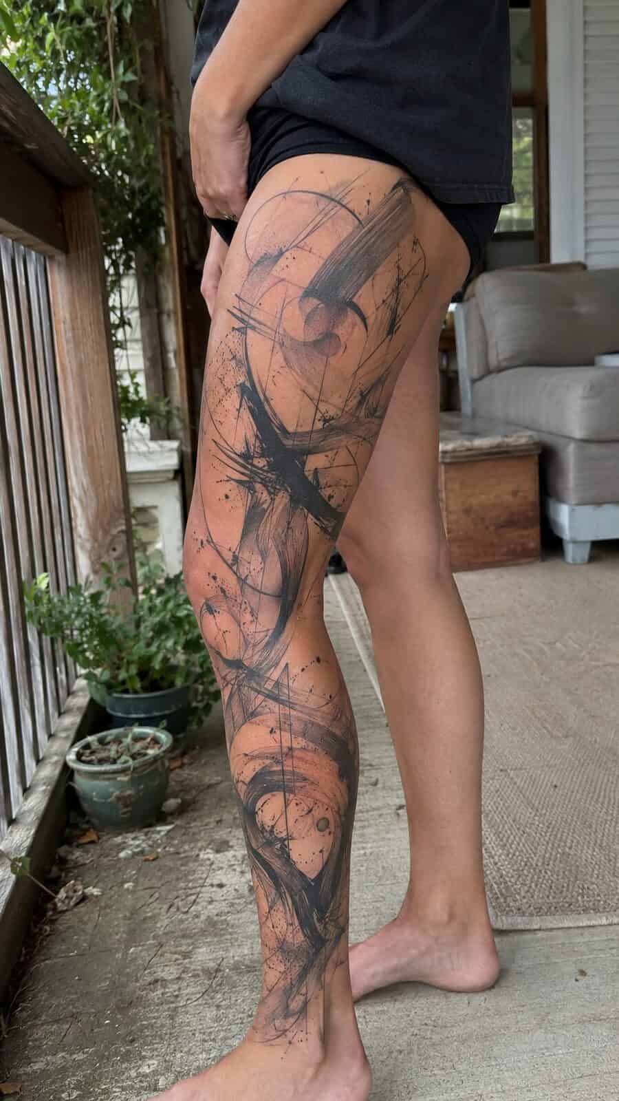 32 Gorgeous Female Leg Sleeve Tattoos 41 Healed abstract artistic expression tattoo on a adult woman's full outer leg sleeve, photographed in a natural gentle side angle that — study 2