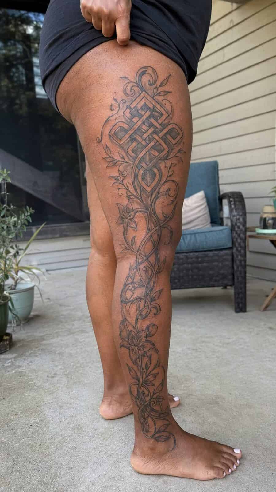 32 Gorgeous Female Leg Sleeve Tattoos 43 Healed eternal love knot tattoo on a adult woman's full outer leg sleeve, photographed in a natural gentle side angle that clearly — study 2