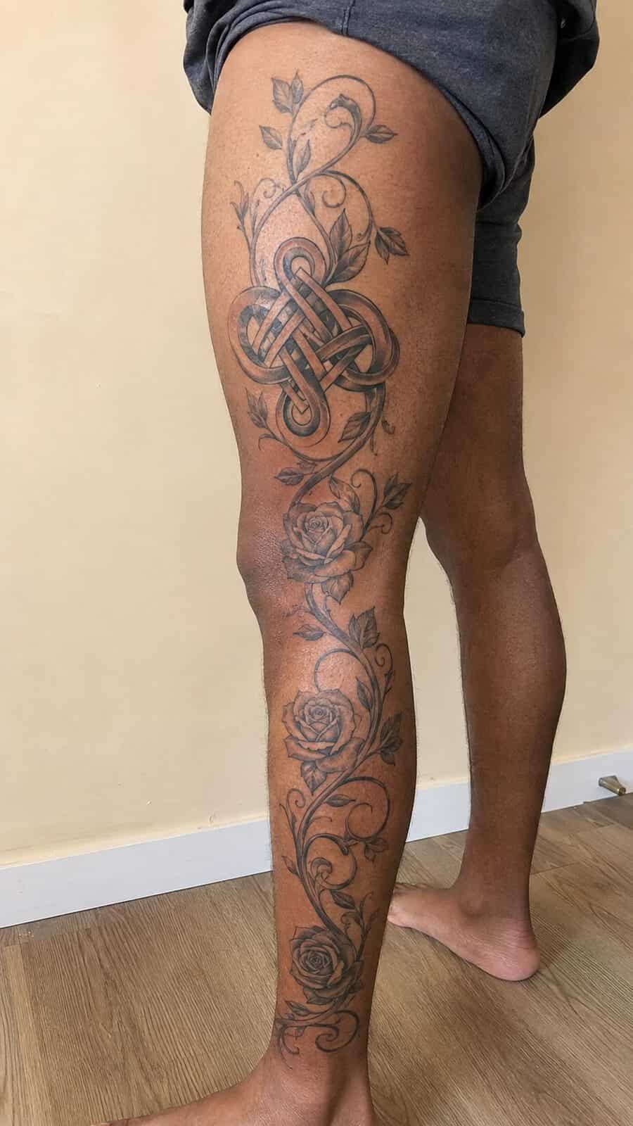 32 Gorgeous Female Leg Sleeve Tattoos 44 Healed eternal love knot tattoo on a adult woman's full outer leg sleeve, photographed in a natural slightly elevated close view — study 3