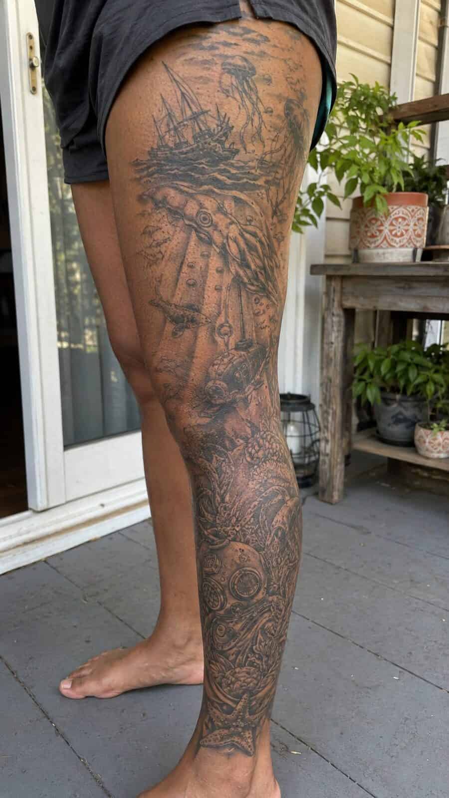 32 Gorgeous Female Leg Sleeve Tattoos 46 Healed mystery of the deep ocean tattoo on a adult woman's full outer leg sleeve, photographed in a natural relaxed documentary crop — study 2