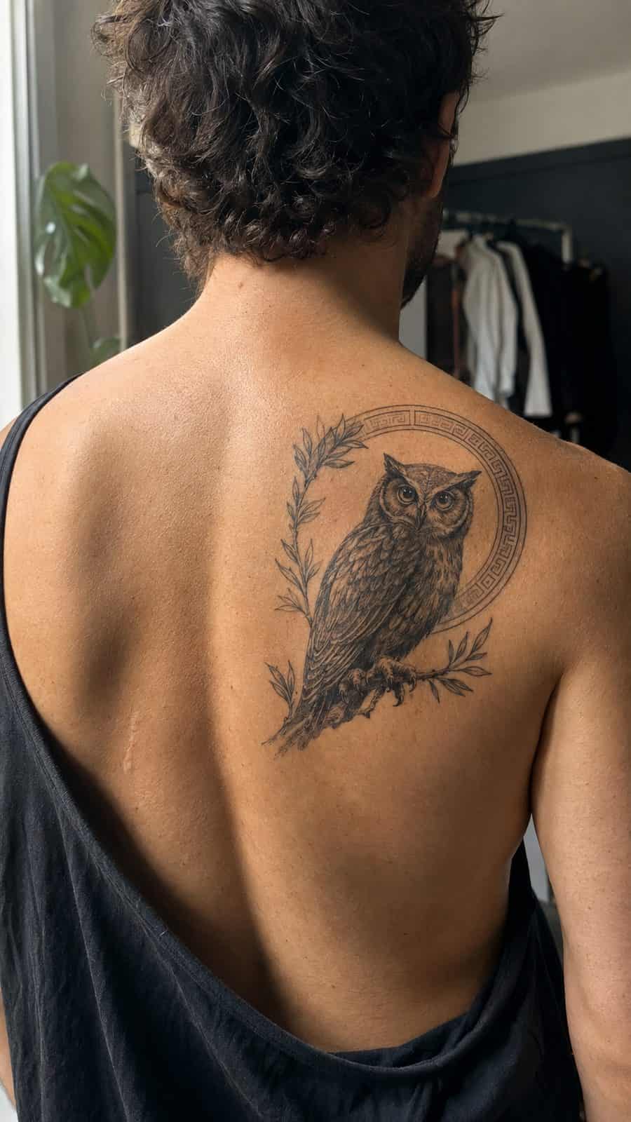 Modern Spartan: 18 Greek Tattoo Ideas Every Man Should Consider 5 Healed athena's owl tattoo on a adult man's upper back, photographed in a natural waist-height candid close-up — study 1