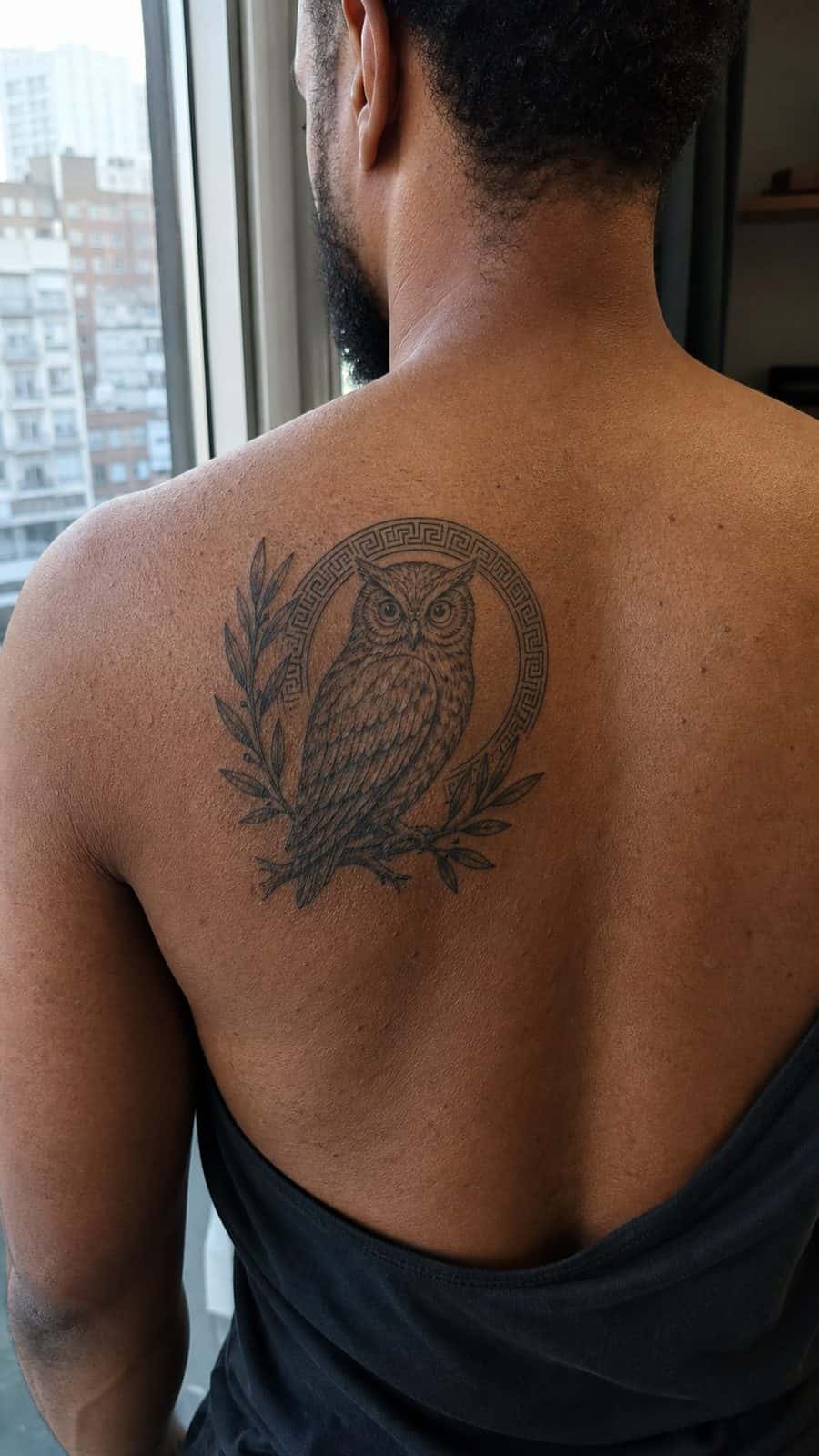 Modern Spartan: 18 Greek Tattoo Ideas Every Man Should Consider 6 Healed athena's owl tattoo on a adult man's upper back, photographed in a natural relaxed documentary crop — study 2