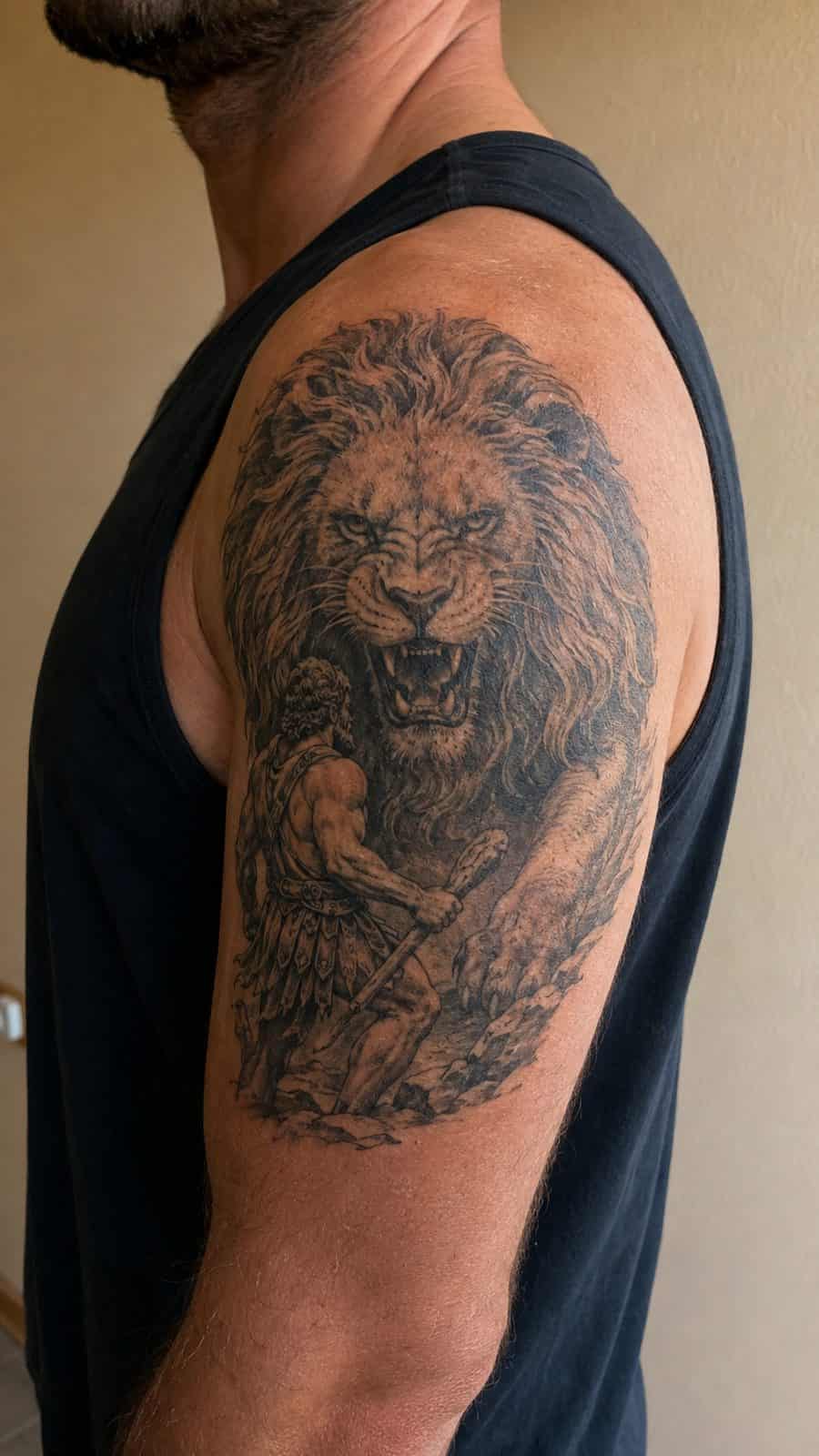 Modern Spartan: 18 Greek Tattoo Ideas Every Man Should Consider 12 Healed hercules's lion tattoo on a adult man's shoulder, photographed in a natural gentle side angle that clearly shows how the ink — study 1