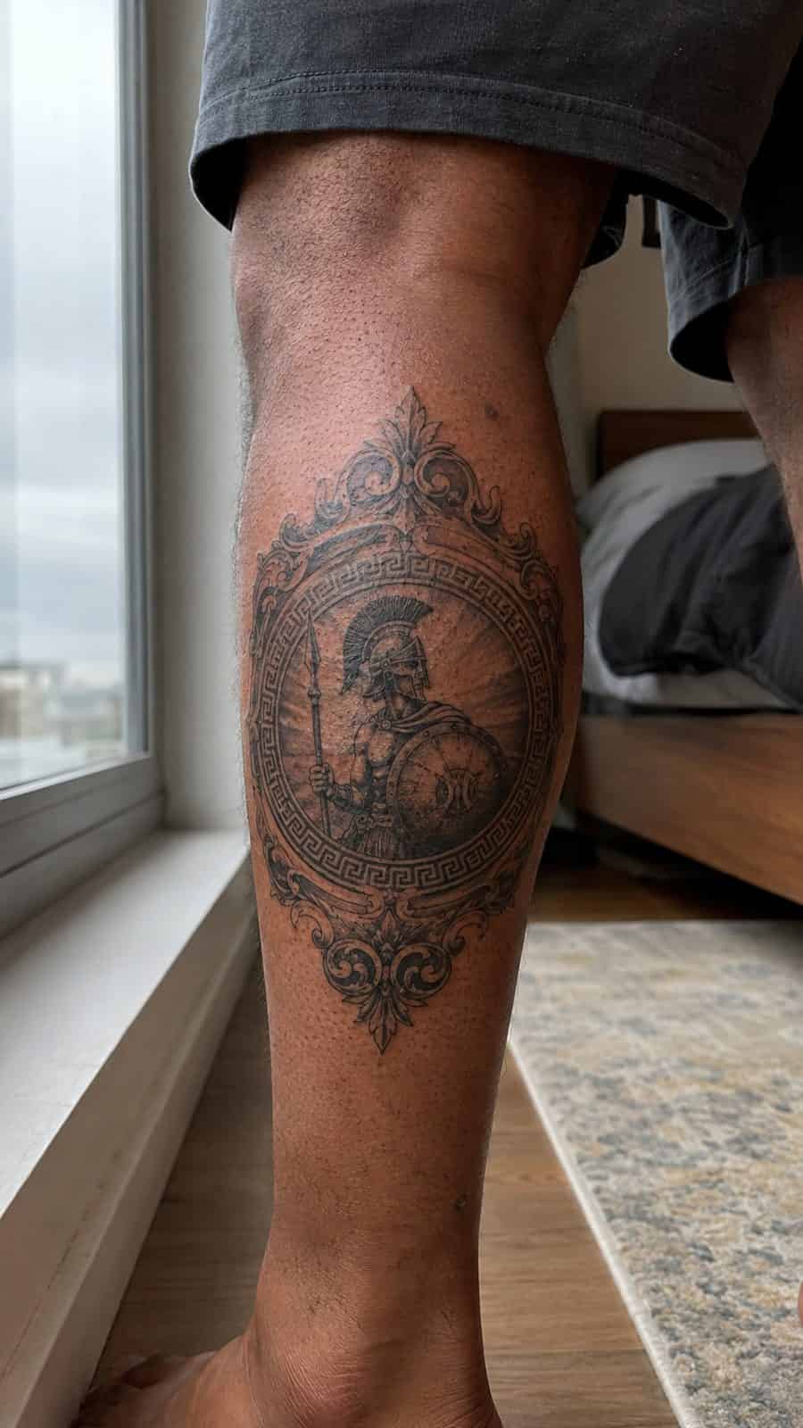 Modern Spartan: 18 Greek Tattoo Ideas Every Man Should Consider 15 Healed achilles's shield tattoo on a adult man's outer calf, photographed in a natural slightly elevated close view — study 2