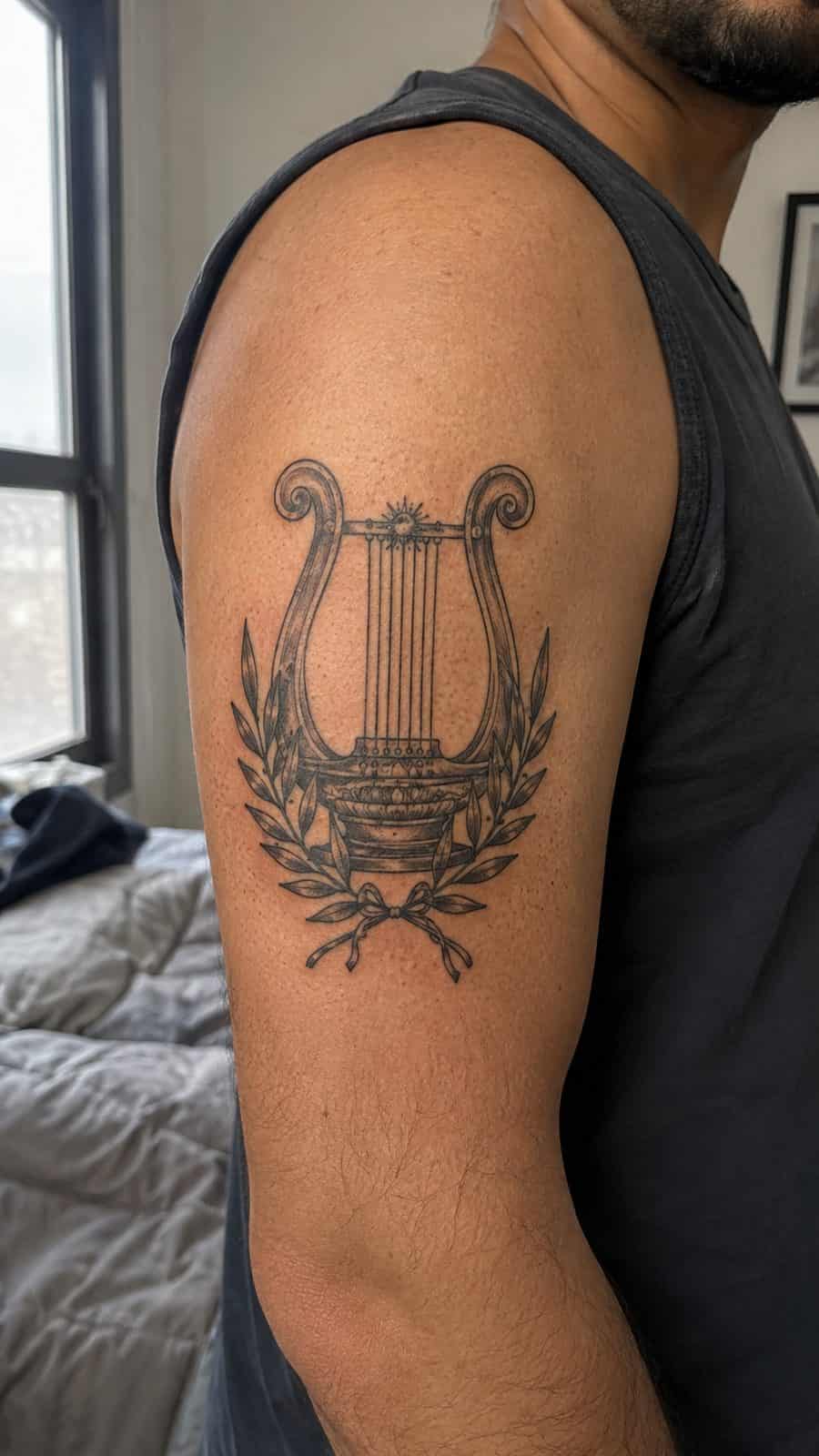 Modern Spartan: 18 Greek Tattoo Ideas Every Man Should Consider 17 Healed apollo's lyre tattoo on a adult man's outer upper arm, photographed in a natural straight-on close view, a touch off-center — study 2